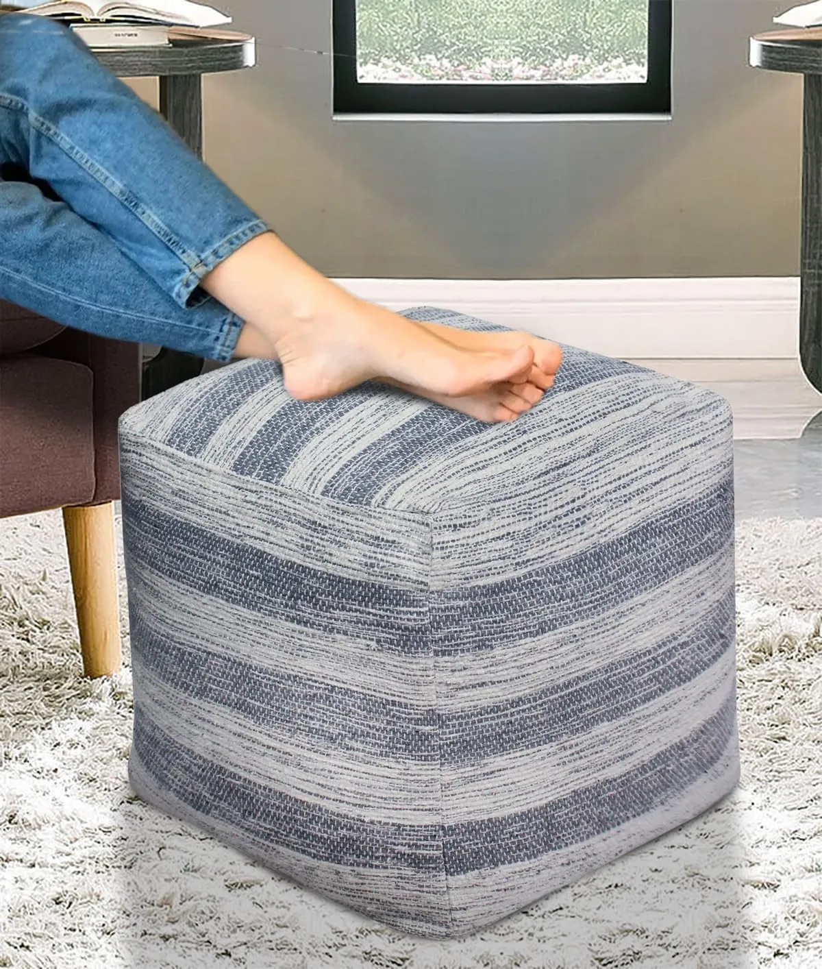 COTTON CRAFT Handwoven Stripe Dhurrie Pouf - Ottoman Foot Stool Bean Bag - Dorm Bedroom Home Décor Accent Seating - Boho Modern Comfortable Prefilled Cotton Pouf Footrest - 16 inch Square - Blue