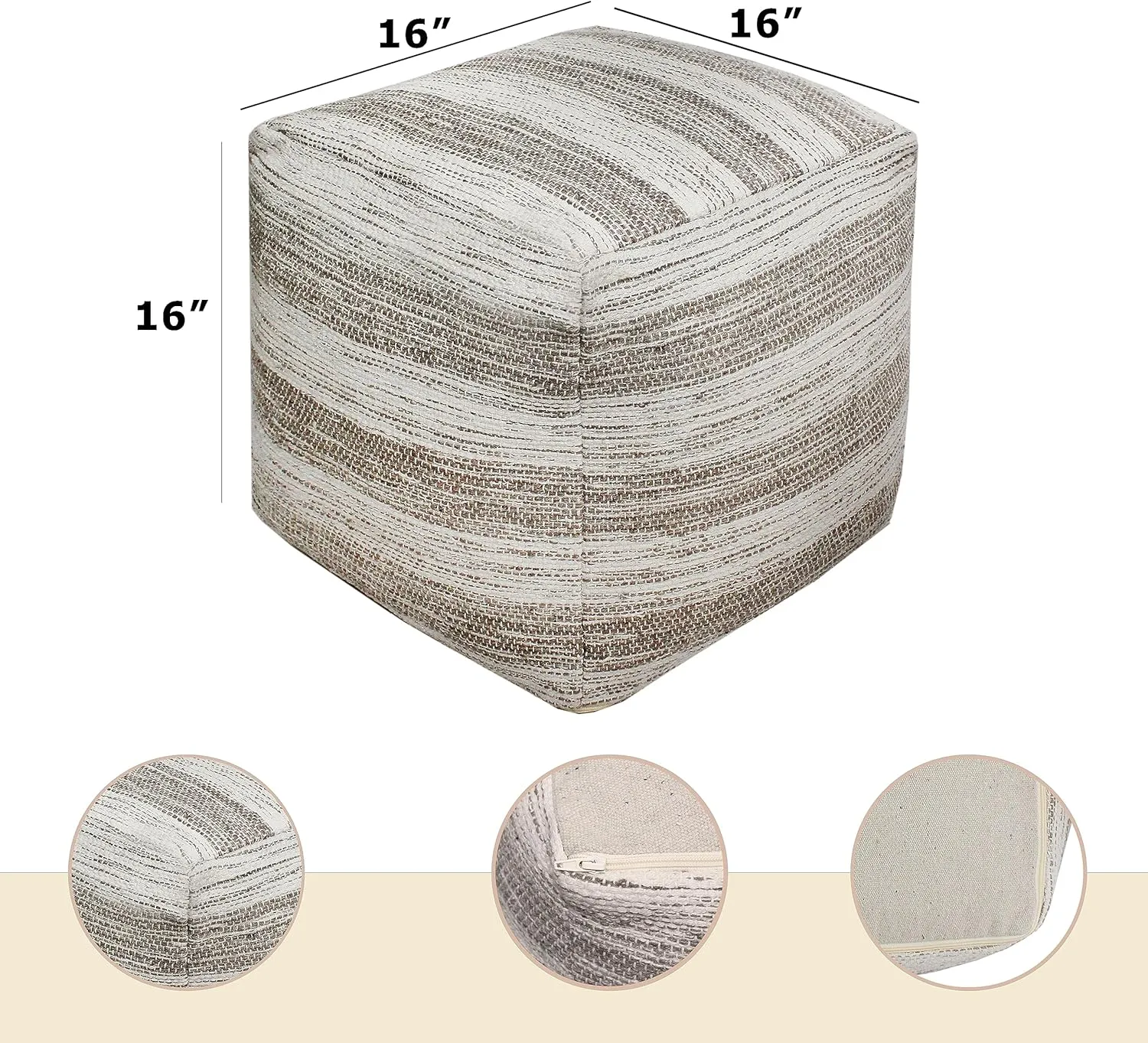 COTTON CRAFT Handwoven Stripe Dhurrie Pouf - Ottoman Foot Stool Bean Bag - Dorm Bedroom Home Décor - Accent Seating - Boho Modern Comfortable Prefilled Cotton Pouf Footrest - 16 inch Square - Grey