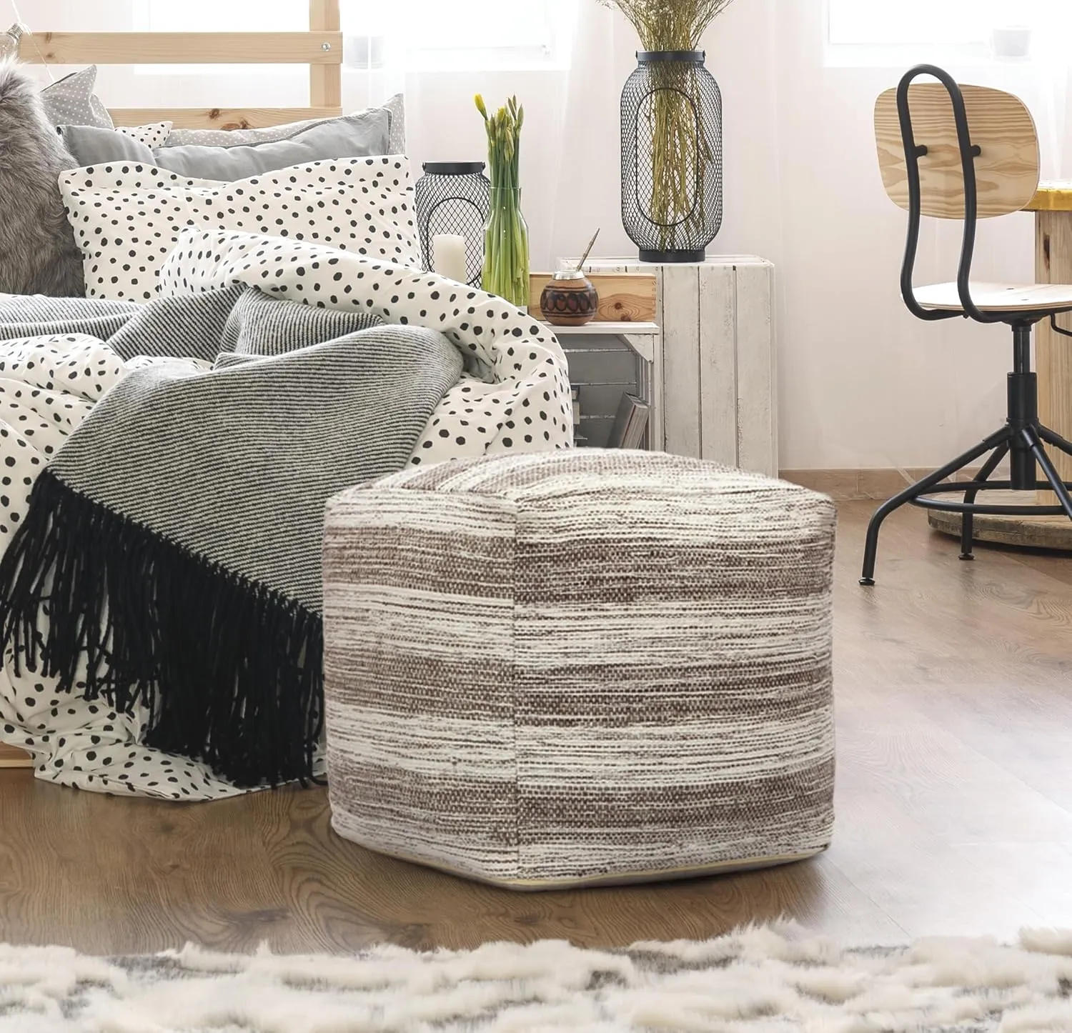 COTTON CRAFT Handwoven Stripe Dhurrie Pouf - Ottoman Foot Stool Bean Bag - Dorm Bedroom Home Décor - Accent Seating - Boho Modern Comfortable Prefilled Cotton Pouf Footrest - 16 inch Square - Grey