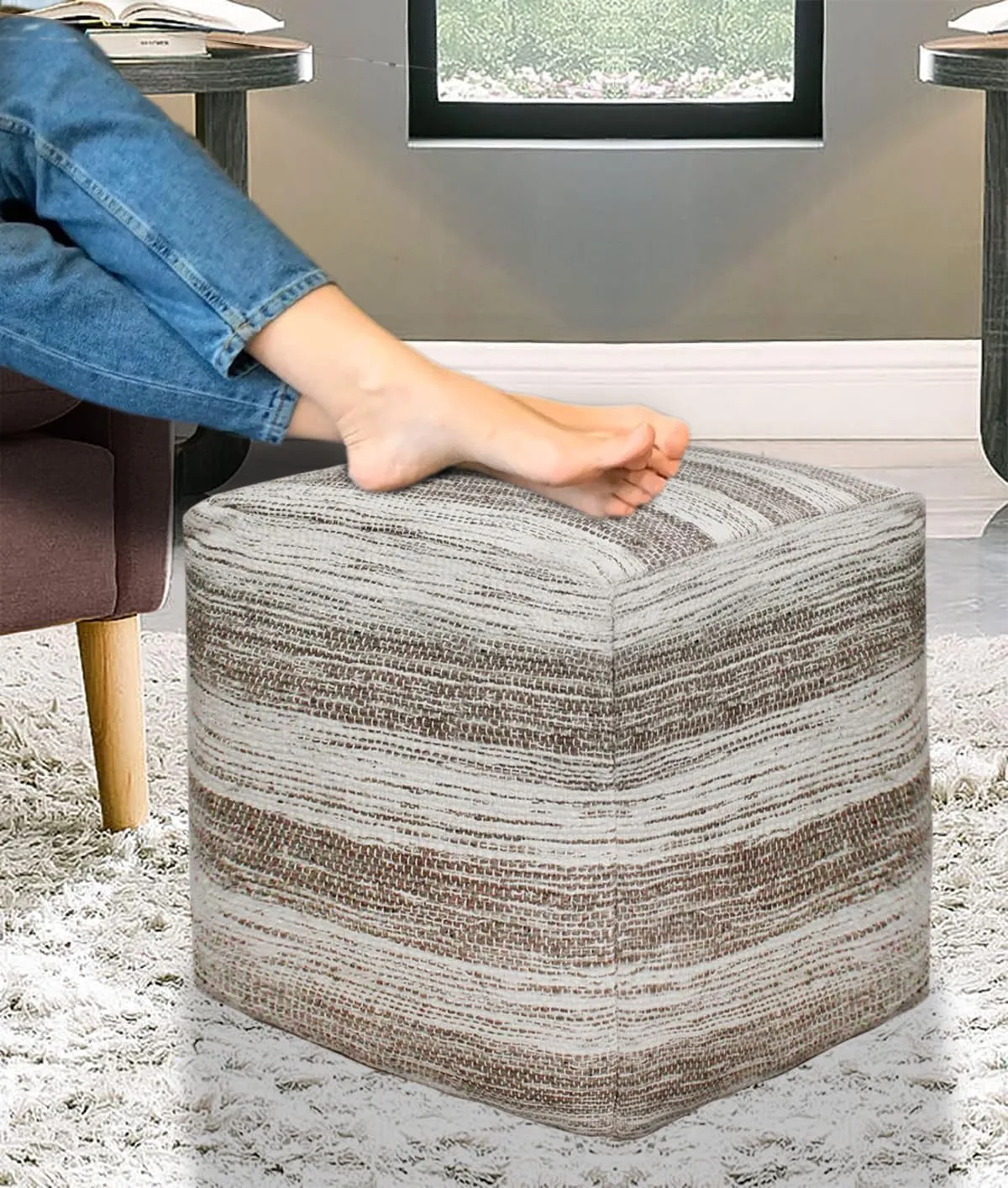 COTTON CRAFT Handwoven Stripe Dhurrie Pouf - Ottoman Foot Stool Bean Bag - Dorm Bedroom Home Décor - Accent Seating - Boho Modern Comfortable Prefilled Cotton Pouf Footrest - 16 inch Square - Grey