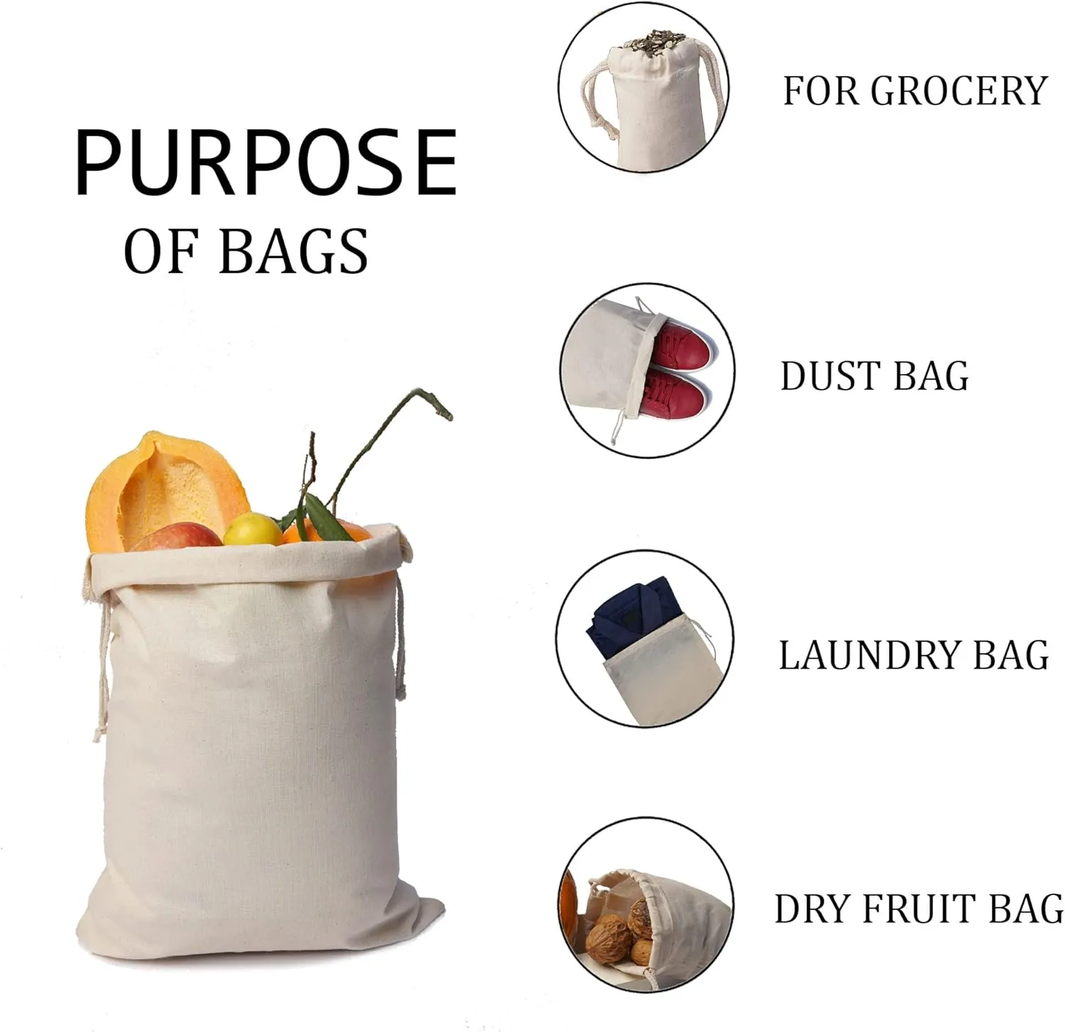 Cotton Muslin Bags, 100% Organic Cotton with Double Drawstring. Premium Quality Reusable Eco-Friendly Natural Muslin Bags. (25, 12 x 16 Inches)