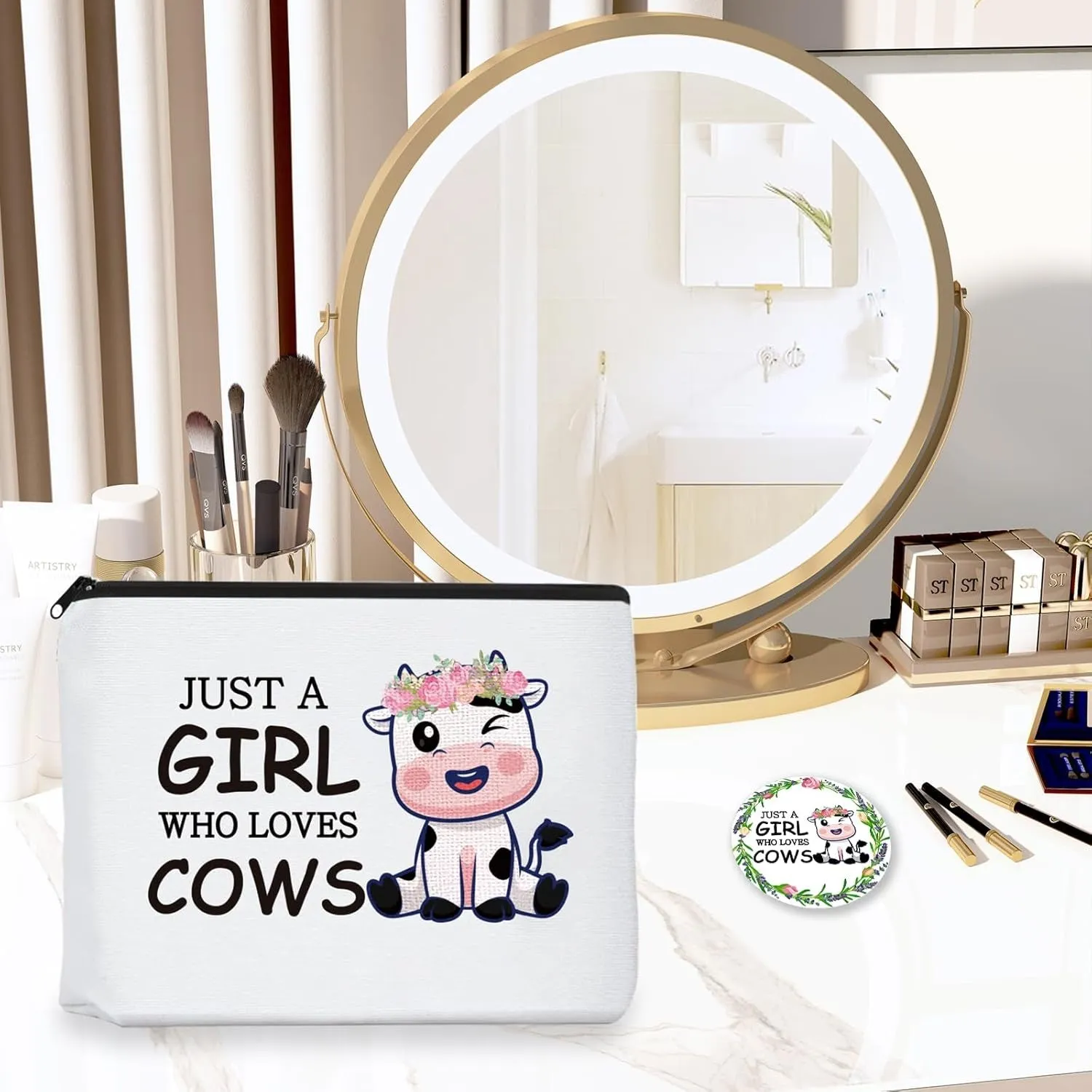 Cow Lover Gifts, Incluedes Cow Makeup Bag Travel Cosmetic Bags with Zipper, Cow Socks, Mini round Mirror, Christmas, Thanksgiving, Birthday Cow Gifts for Women Girls