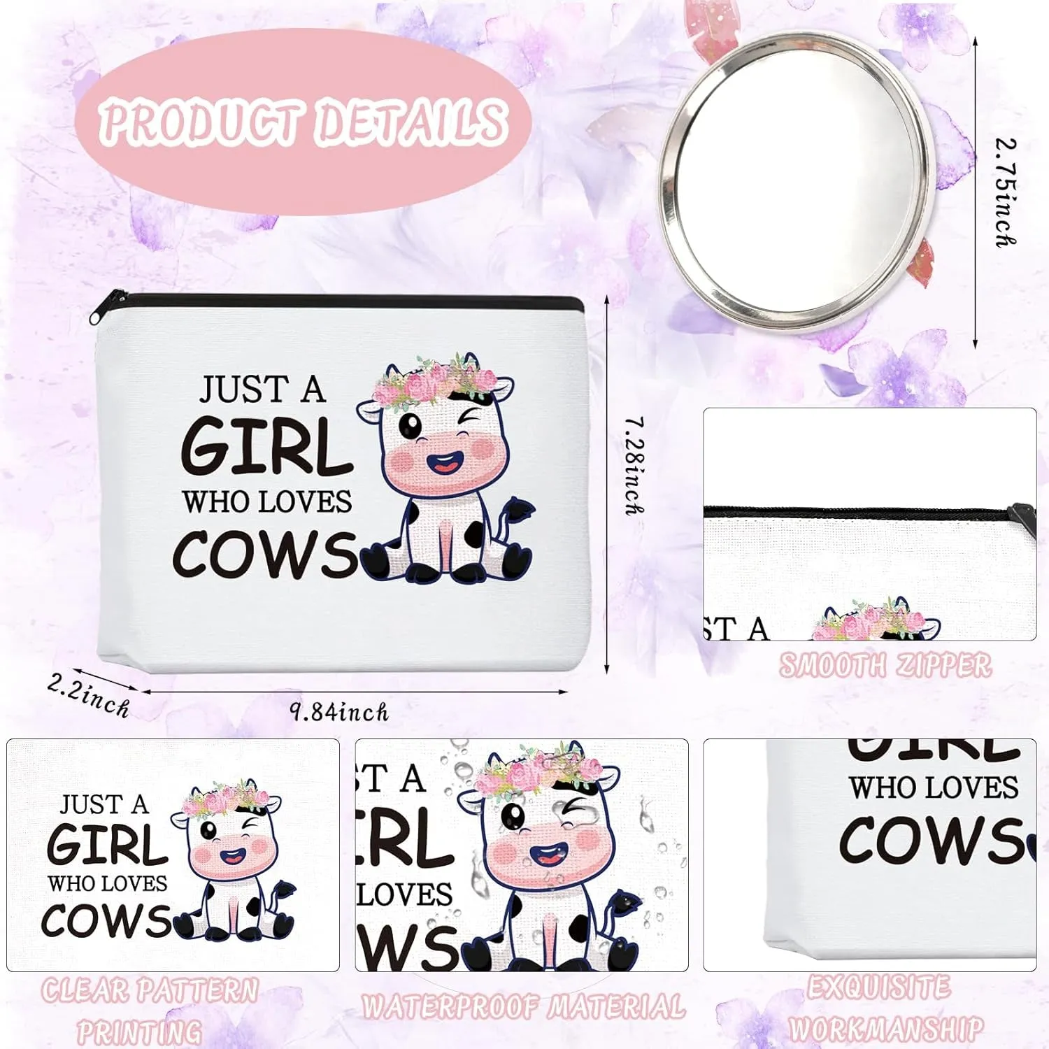 Cow Lover Gifts, Incluedes Cow Makeup Bag Travel Cosmetic Bags with Zipper, Cow Socks, Mini round Mirror, Christmas, Thanksgiving, Birthday Cow Gifts for Women Girls