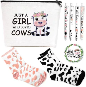 Cow Lover Gifts, Incluedes Cow Makeup Bag Travel Cosmetic Bags with Zipper, Cow Socks, Mini round Mirror, Christmas, Thanksgiving, Birthday Cow Gifts for Women Girls