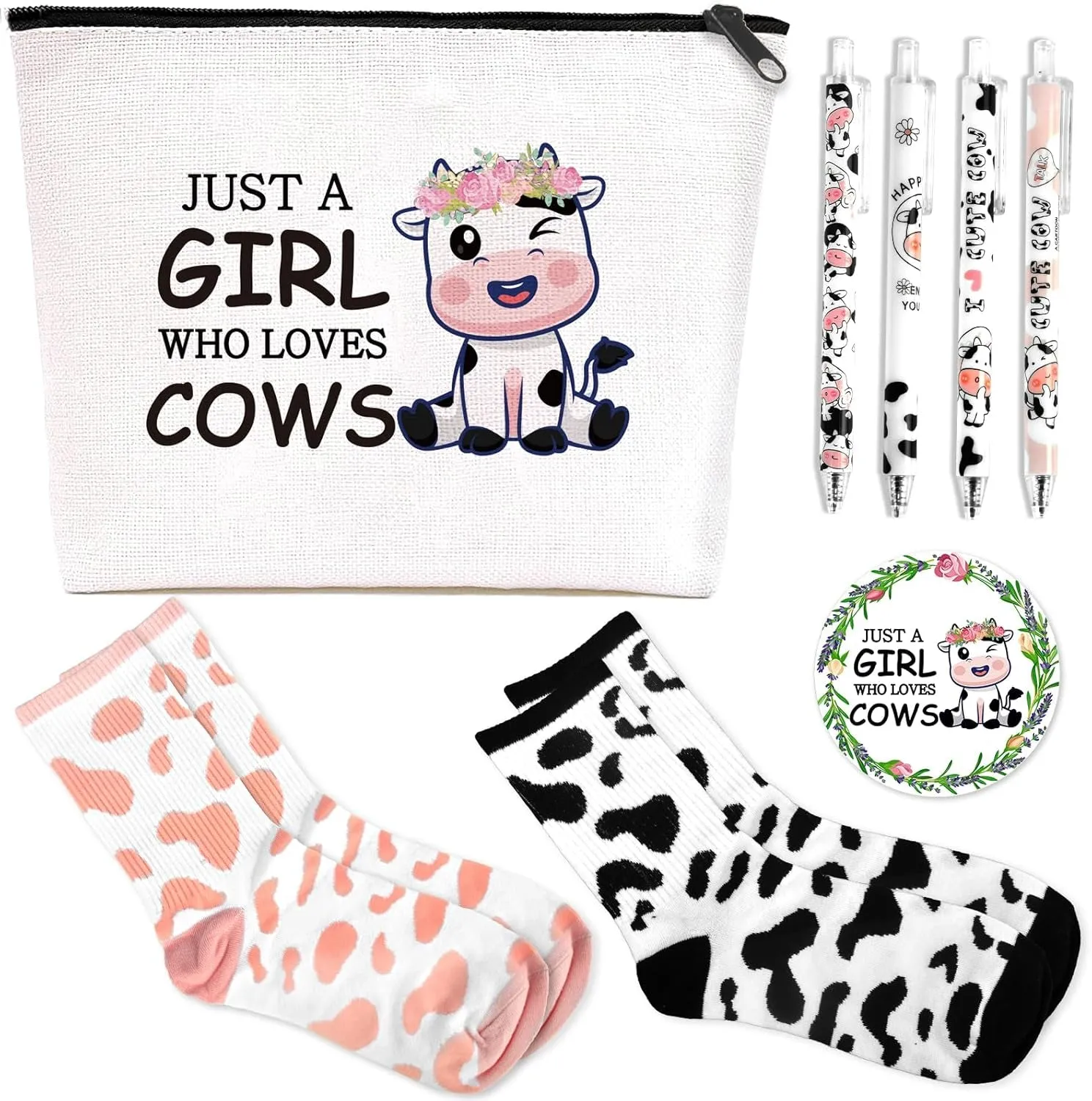Cow Lover Gifts, Incluedes Cow Makeup Bag Travel Cosmetic Bags with Zipper, Cow Socks, Mini round Mirror, Christmas, Thanksgiving, Birthday Cow Gifts for Women Girls