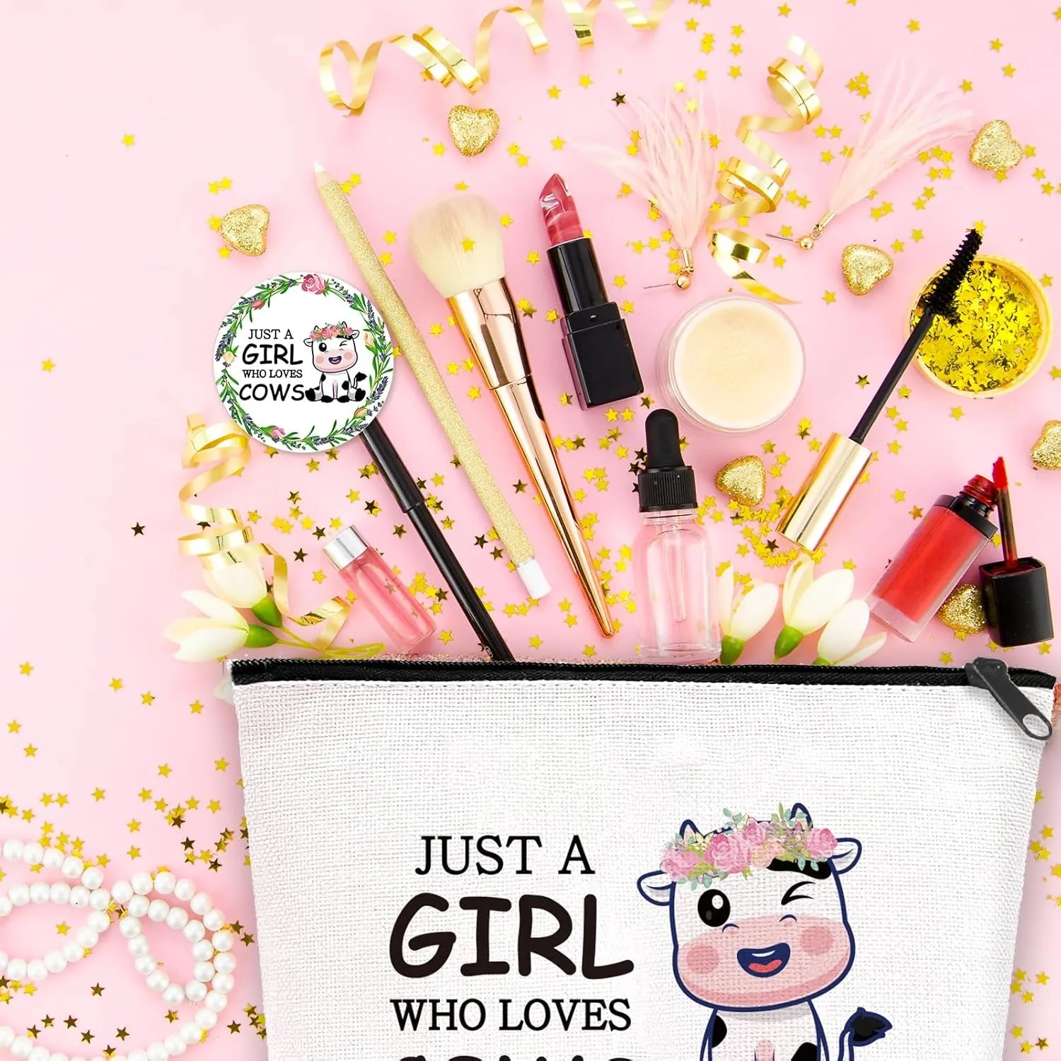 Cow Lover Gifts, Incluedes Cow Makeup Bag Travel Cosmetic Bags with Zipper, Cow Socks, Mini round Mirror, Christmas, Thanksgiving, Birthday Cow Gifts for Women Girls