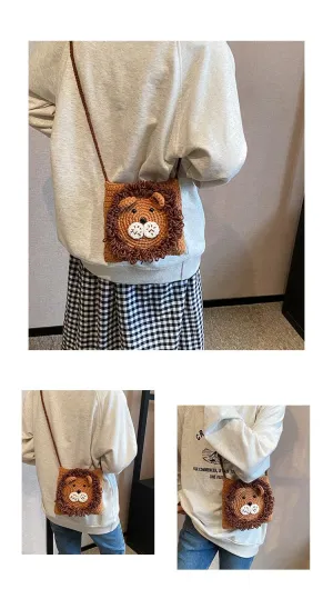 Crochet Little Lion Crossbody Bag Cute Crochet Animal Shoulder Bag Coin Purse Phone Bag (Horizontal brown)