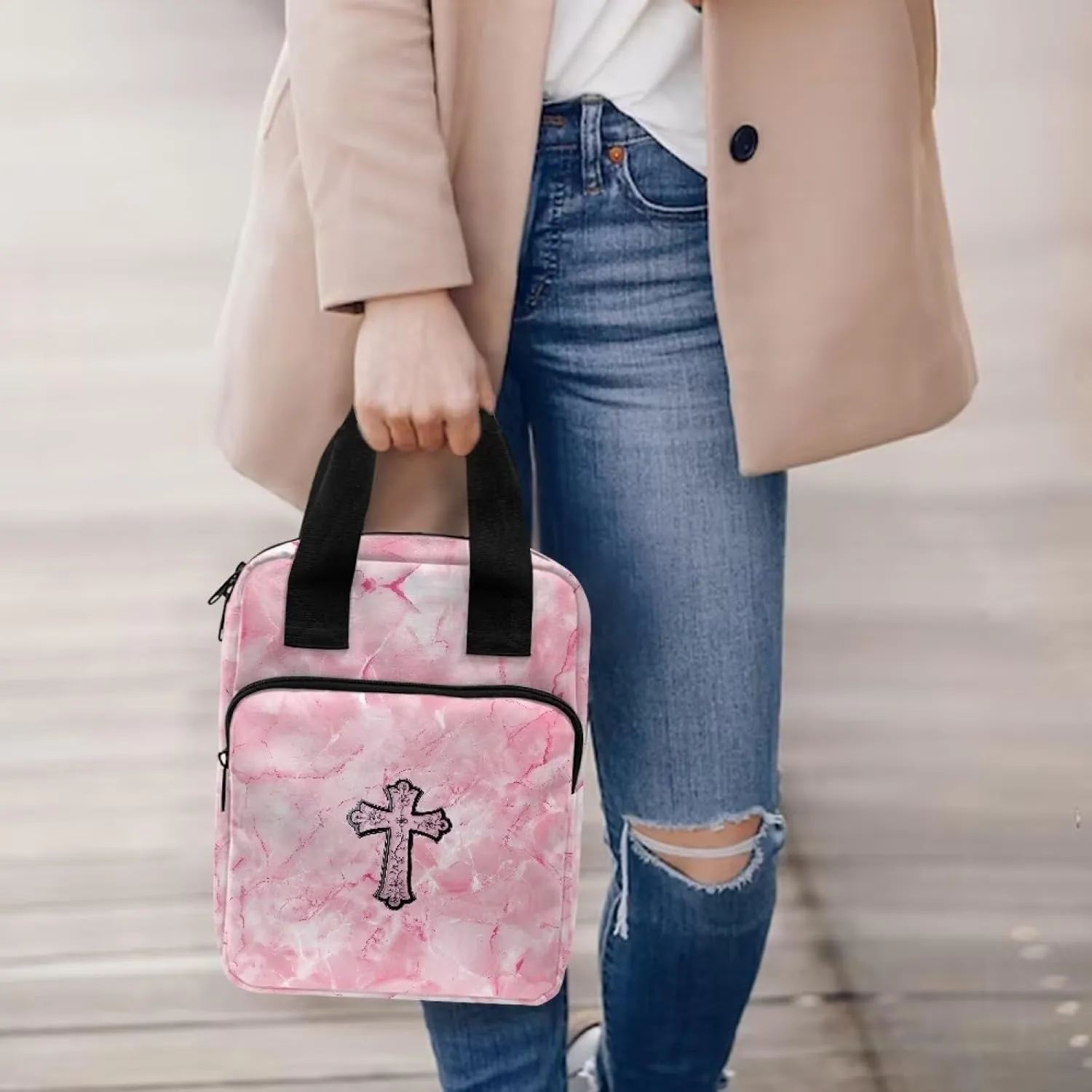 Cross Pink Marble Womens Bible Case Portable Bible Cover with Front Zip Pocket Large Tote Bible Bag with Handle Waterproof Bible Cover Case for Women
