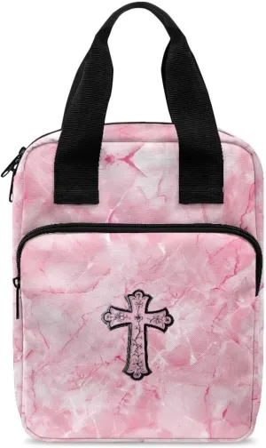 Cross Pink Marble Womens Bible Case Portable Bible Cover with Front Zip Pocket Large Tote Bible Bag with Handle Waterproof Bible Cover Case for Women