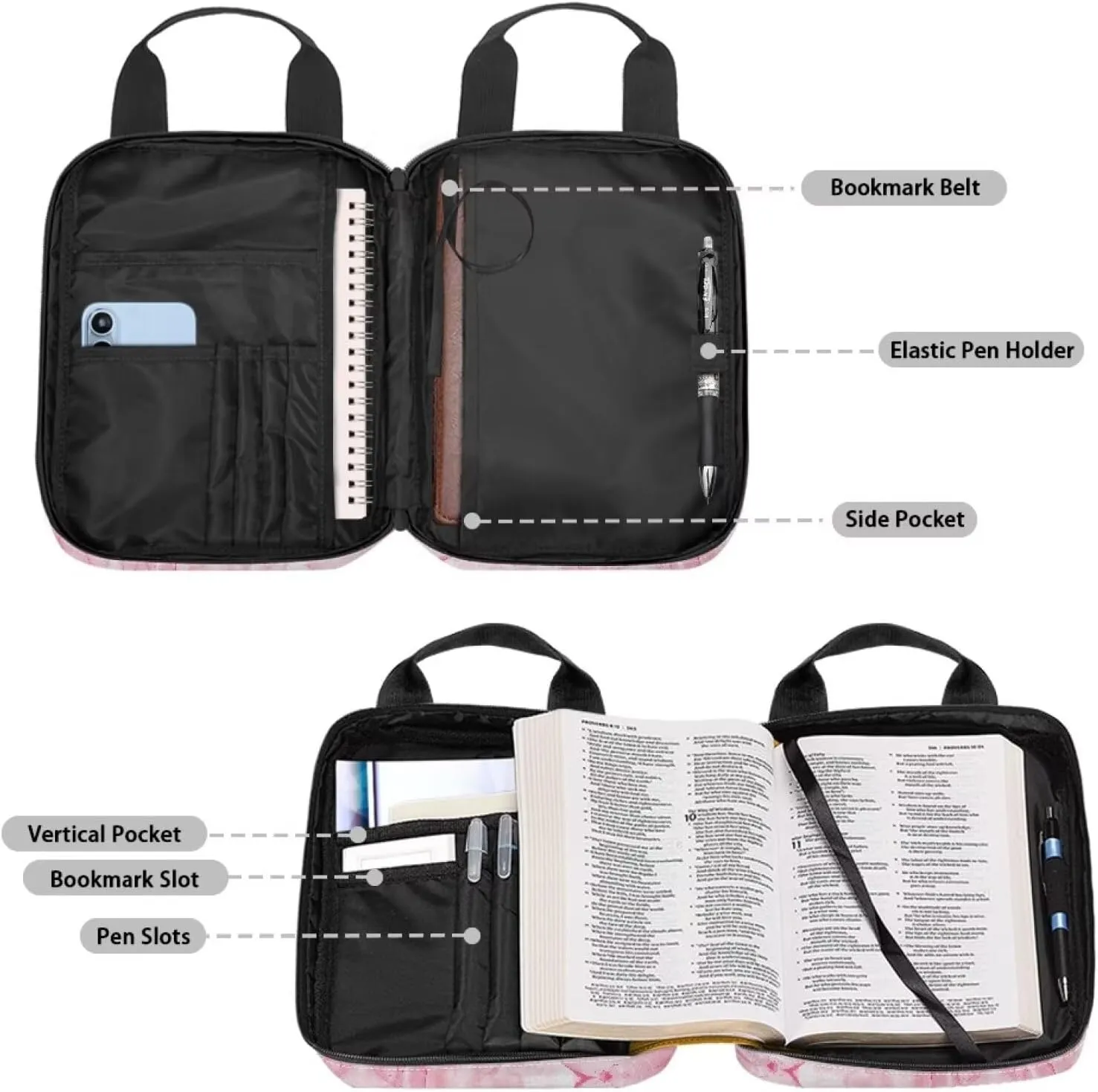 Cross Pink Marble Womens Bible Case Portable Bible Cover with Front Zip Pocket Large Tote Bible Bag with Handle Waterproof Bible Cover Case for Women