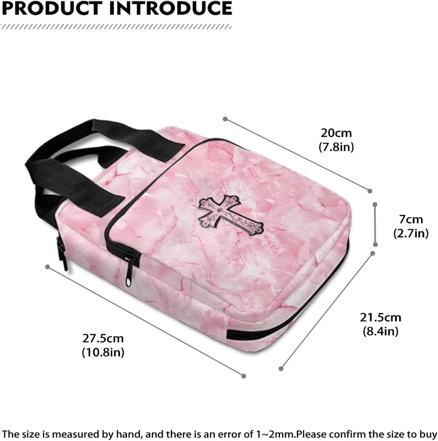 Cross Pink Marble Womens Bible Case Portable Bible Cover with Front Zip Pocket Large Tote Bible Bag with Handle Waterproof Bible Cover Case for Women