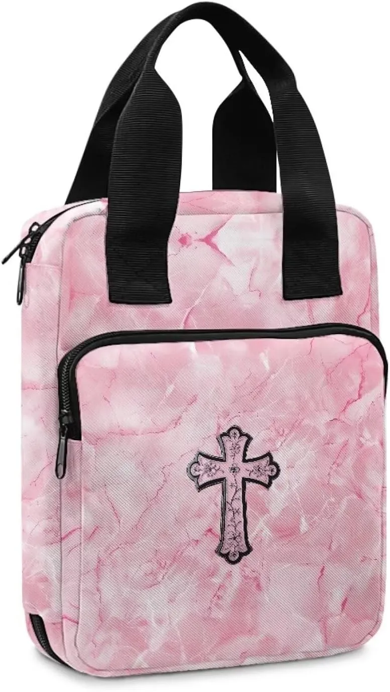 Cross Pink Marble Womens Bible Case Portable Bible Cover with Front Zip Pocket Large Tote Bible Bag with Handle Waterproof Bible Cover Case for Women
