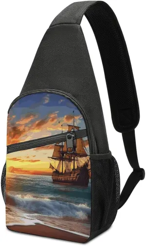 Crossbody Bags for Women Sling Backpack Pirate Ship in The Sunset Chest Bag Daypack Fanny Pack Cross Body Bag
