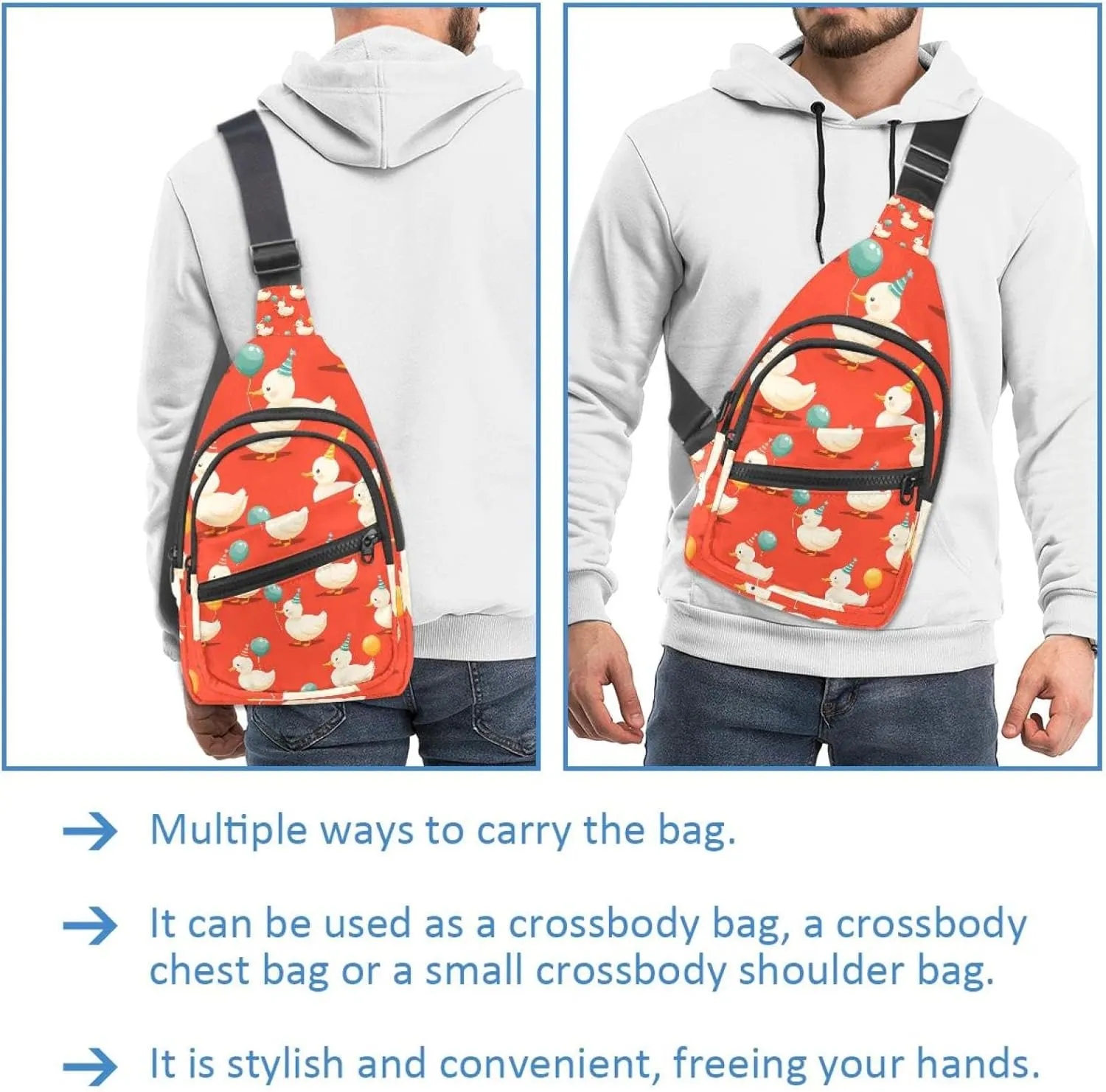 Crossbody Sling Backpack Sling Bag for Women Men, Balloon Duck Red Fanny Packs Chest Bag for Running Hiking
