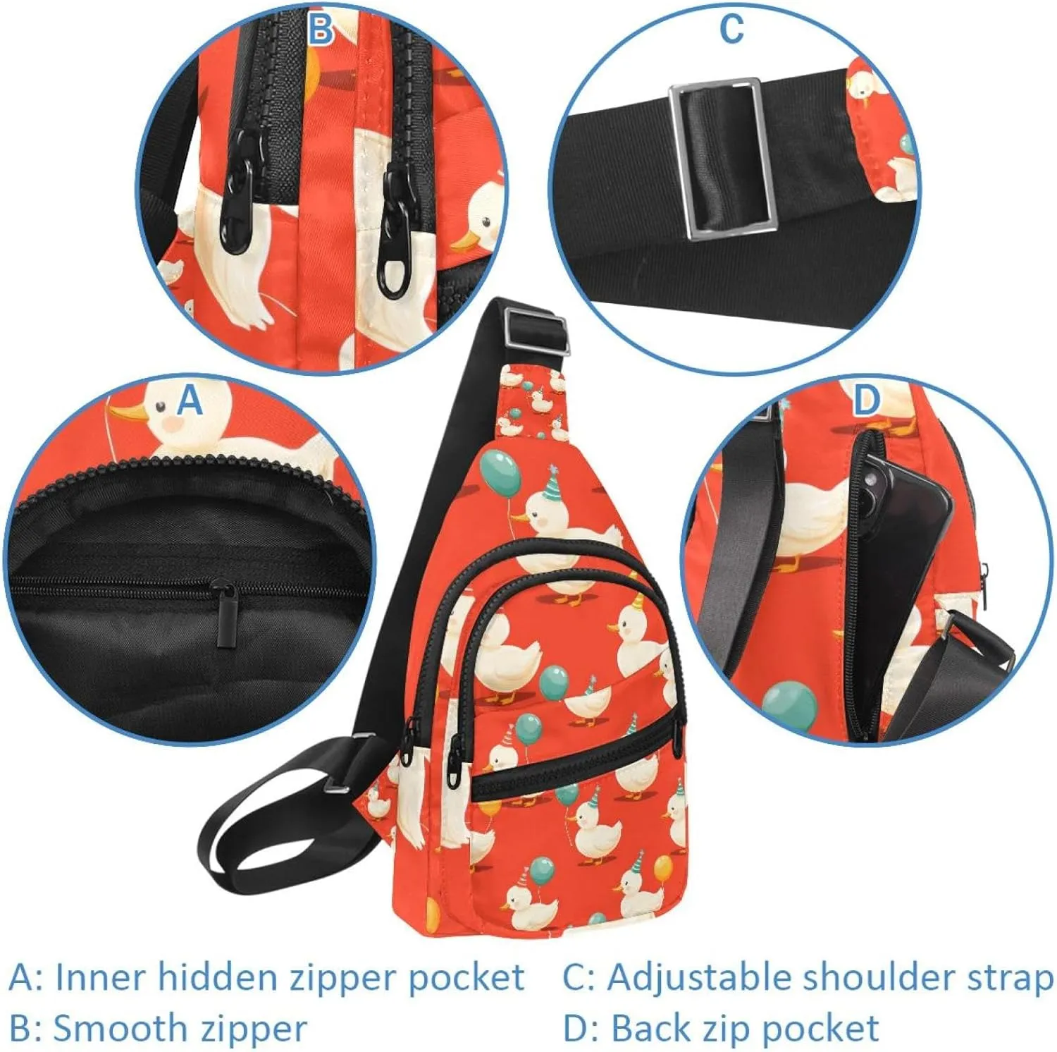 Crossbody Sling Backpack Sling Bag for Women Men, Balloon Duck Red Fanny Packs Chest Bag for Running Hiking