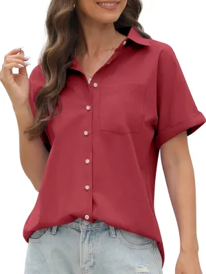 CUNLIN 100% Cotton Short Sleeve Shirts for Women Button Down Shirt Womens Blouses Casual Summer Tops with Pockets