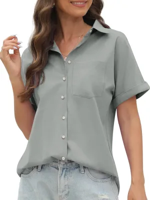CUNLIN 100% Cotton Short Sleeve Shirts for Women Button Down Shirt Womens Blouses Casual Summer Tops with Pockets