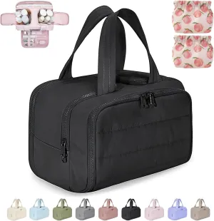 Cureaway Travel Cosmetic Bag,Curetoaway Large Capacity Wide-Open Travel Cosmetic Bag,4-In-1 Waterproof Portable Pouch Open Flat Toiletry Bags,Dry-And-Wet Separation,With 4 Compartments (Black)