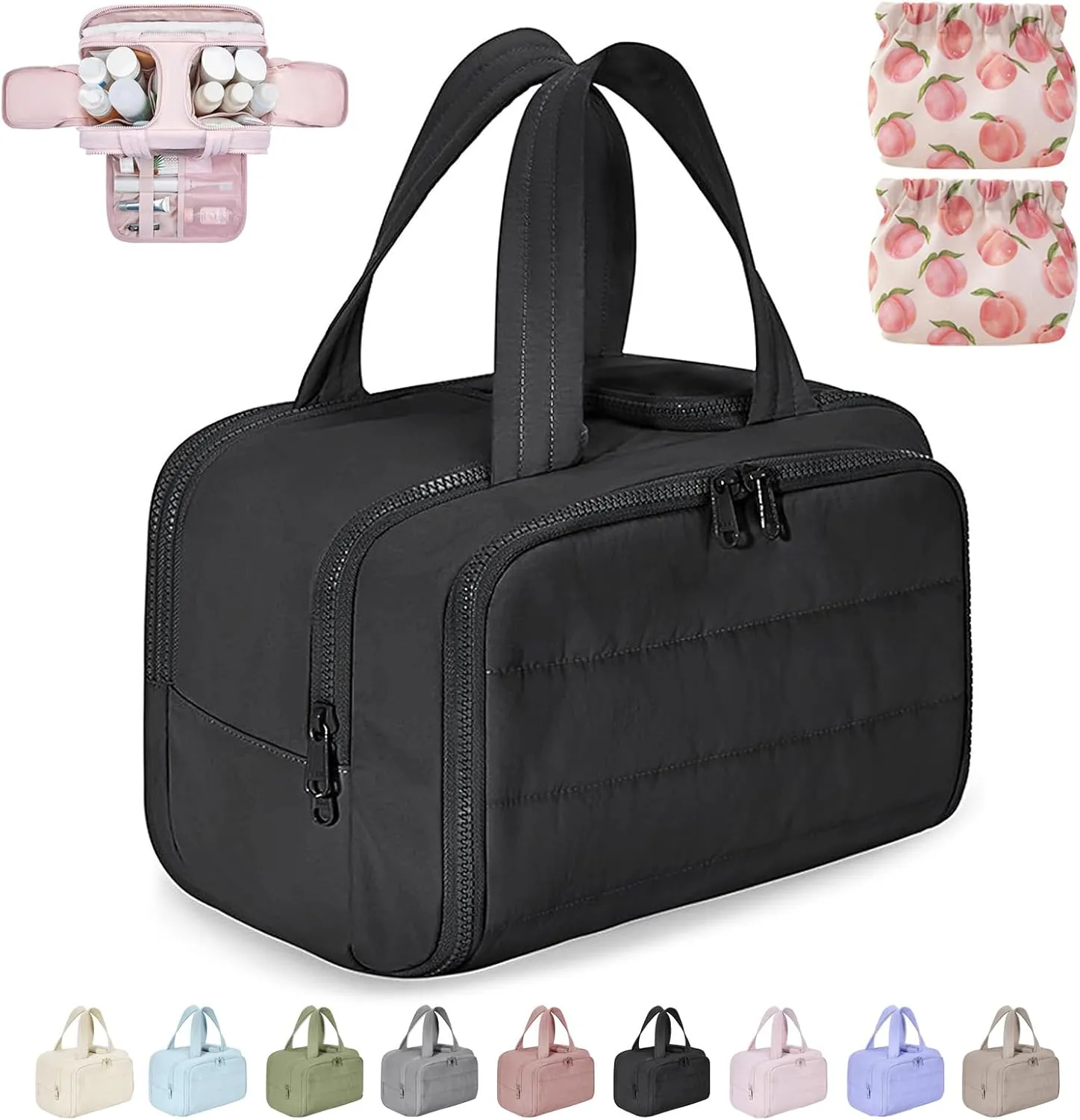Cureaway Travel Cosmetic Bag,Curetoaway Large Capacity Wide-Open Travel Cosmetic Bag,4-In-1 Waterproof Portable Pouch Open Flat Toiletry Bags,Dry-And-Wet Separation,With 4 Compartments (Black)