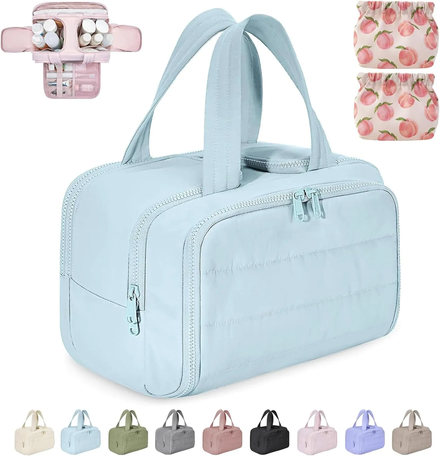 Cureaway Travel Cosmetic Bag,Curetoaway Large Capacity Wide-Open Travel Cosmetic Bag,4-In-1 Waterproof Portable Pouch Open Flat Toiletry Bags,Dry-And-Wet Separation,With 4 Compartments (Blue)