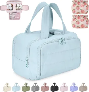 Cureaway Travel Cosmetic Bag,Curetoaway Large Capacity Wide-Open Travel Cosmetic Bag,4-In-1 Waterproof Portable Pouch Open Flat Toiletry Bags,Dry-And-Wet Separation,With 4 Compartments (Blue)