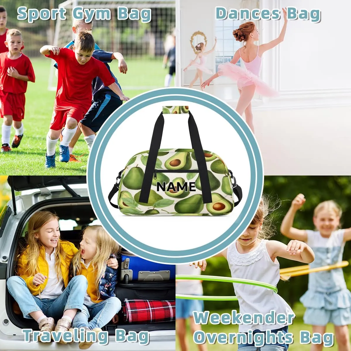 Custom Fruits Small Gym Bag 18 inch for Women Men Personalized Avocado Green Carry On Overnight Weekender Bag for Travel Work Dance Sport