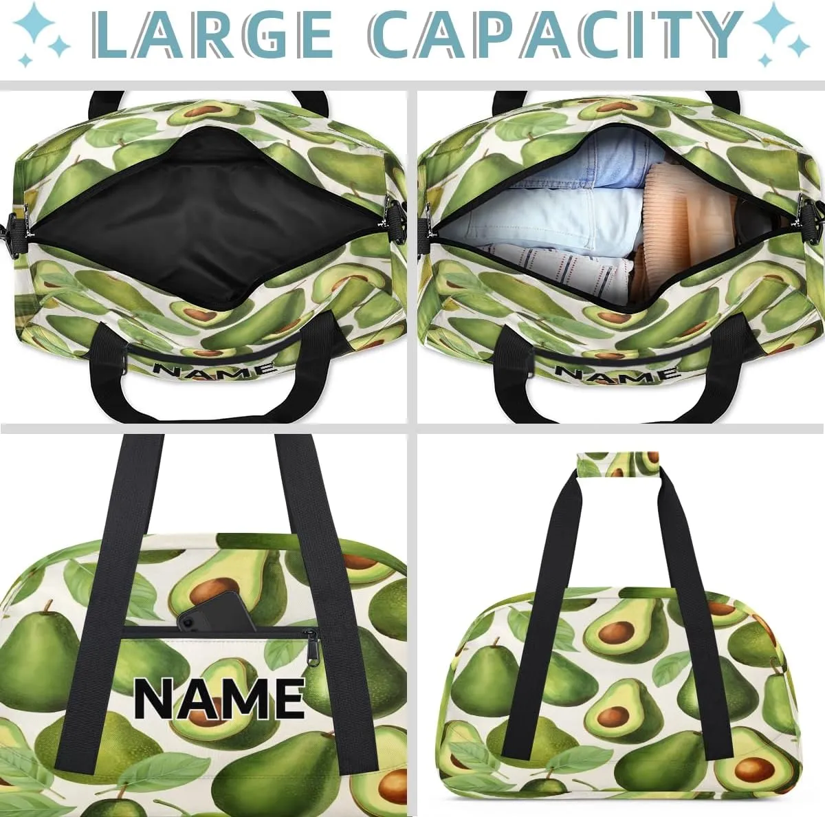 Custom Fruits Small Gym Bag 18 inch for Women Men Personalized Avocado Green Carry On Overnight Weekender Bag for Travel Work Dance Sport