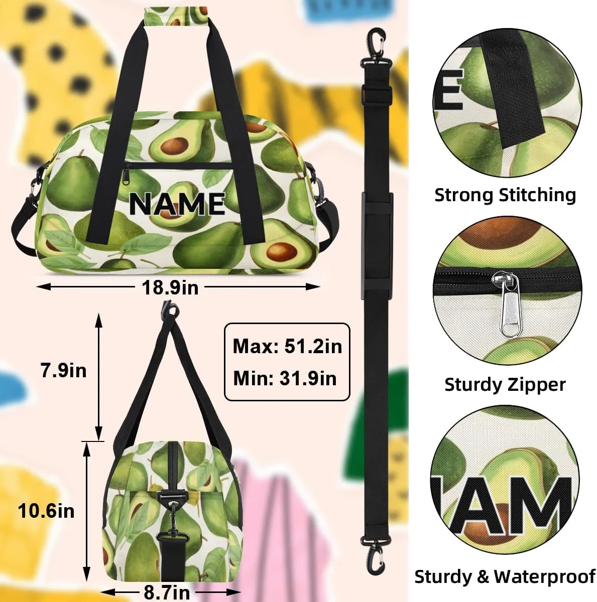 Custom Fruits Small Gym Bag 18 inch for Women Men Personalized Avocado Green Carry On Overnight Weekender Bag for Travel Work Dance Sport