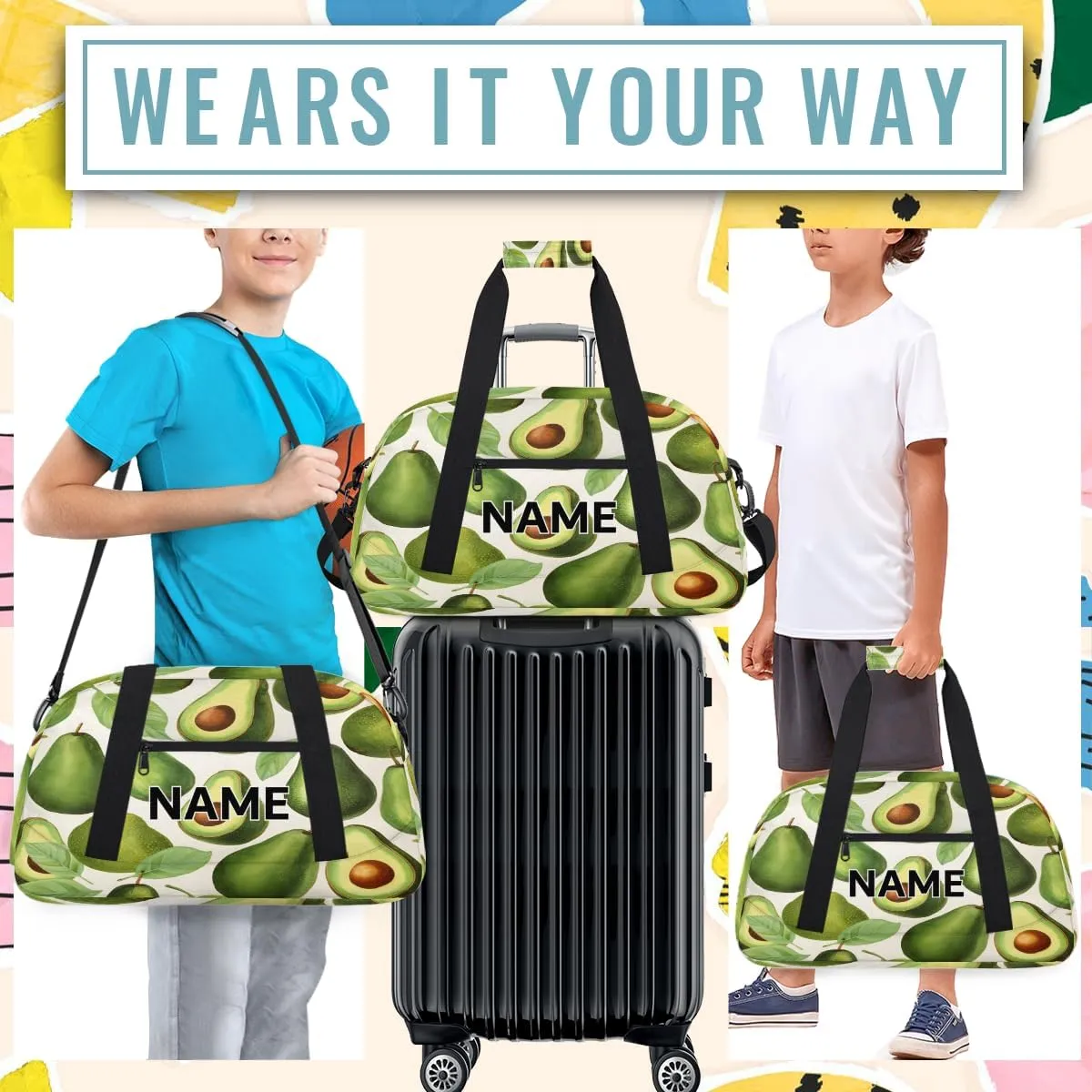Custom Fruits Small Gym Bag 18 inch for Women Men Personalized Avocado Green Carry On Overnight Weekender Bag for Travel Work Dance Sport
