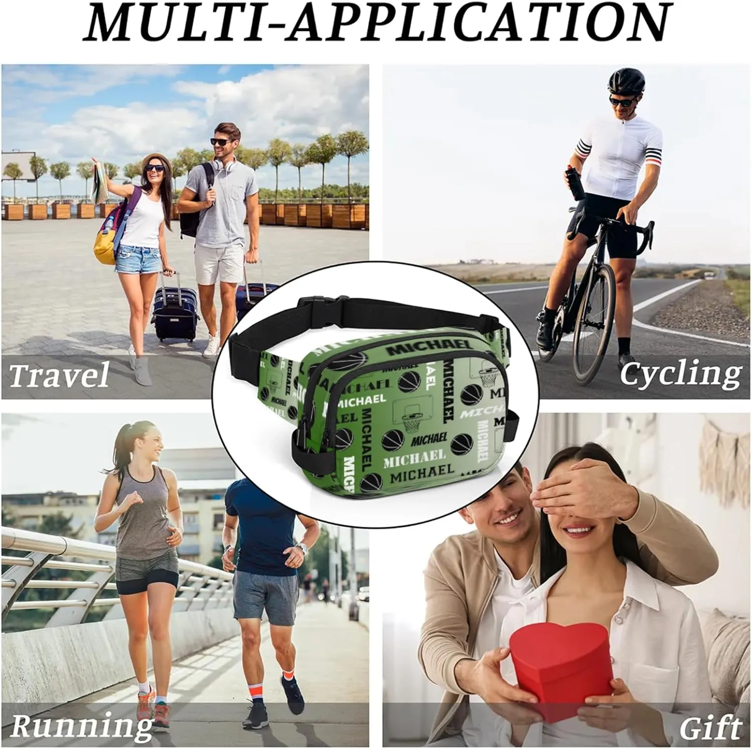 Custom Name Basketball Waist Packs for Women Men, Personalized Belt Bag Crossbody Fanny Pack with Adjustable Strap for Sports Workout Hiking, Misty Green