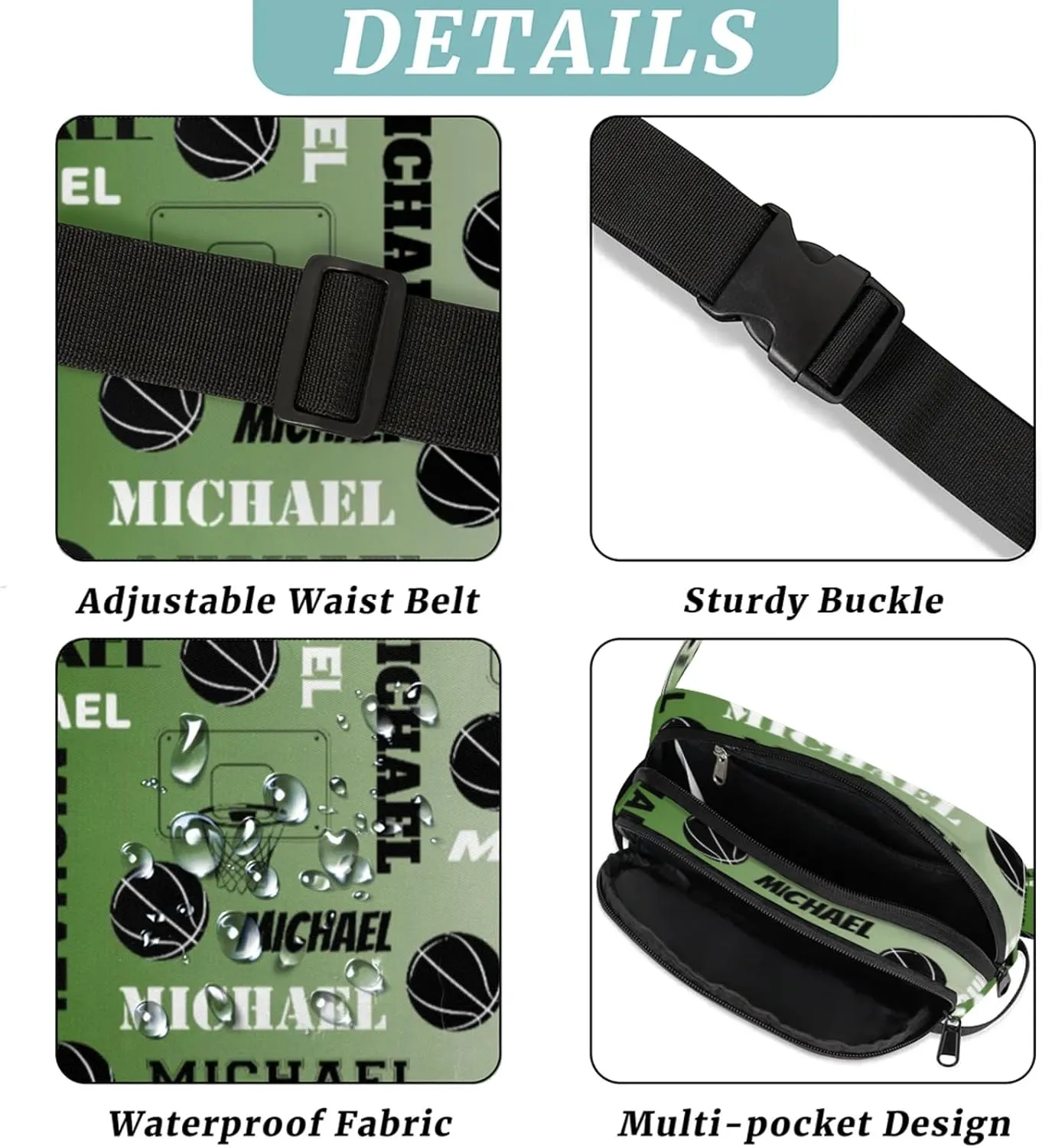 Custom Name Basketball Waist Packs for Women Men, Personalized Belt Bag Crossbody Fanny Pack with Adjustable Strap for Sports Workout Hiking, Misty Green