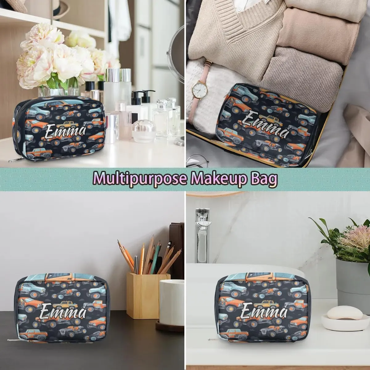 Custom Name Cosmetic Bag, Truck Car Personalized Bridesmaid Makeup Bag, Personalised Gift for Bridesmaid, Construction Travel Makeup Bag, Bridesmaid Gifts, Organizer