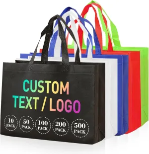 Custom Reusable Grocery Bags with Logo & Text Printing 10/50/100PACK- Eco-Friendly Promotional Tote Bags for Businesses, Bulk Orders, Events, Retail (Durable/Washable/Multi-Use)