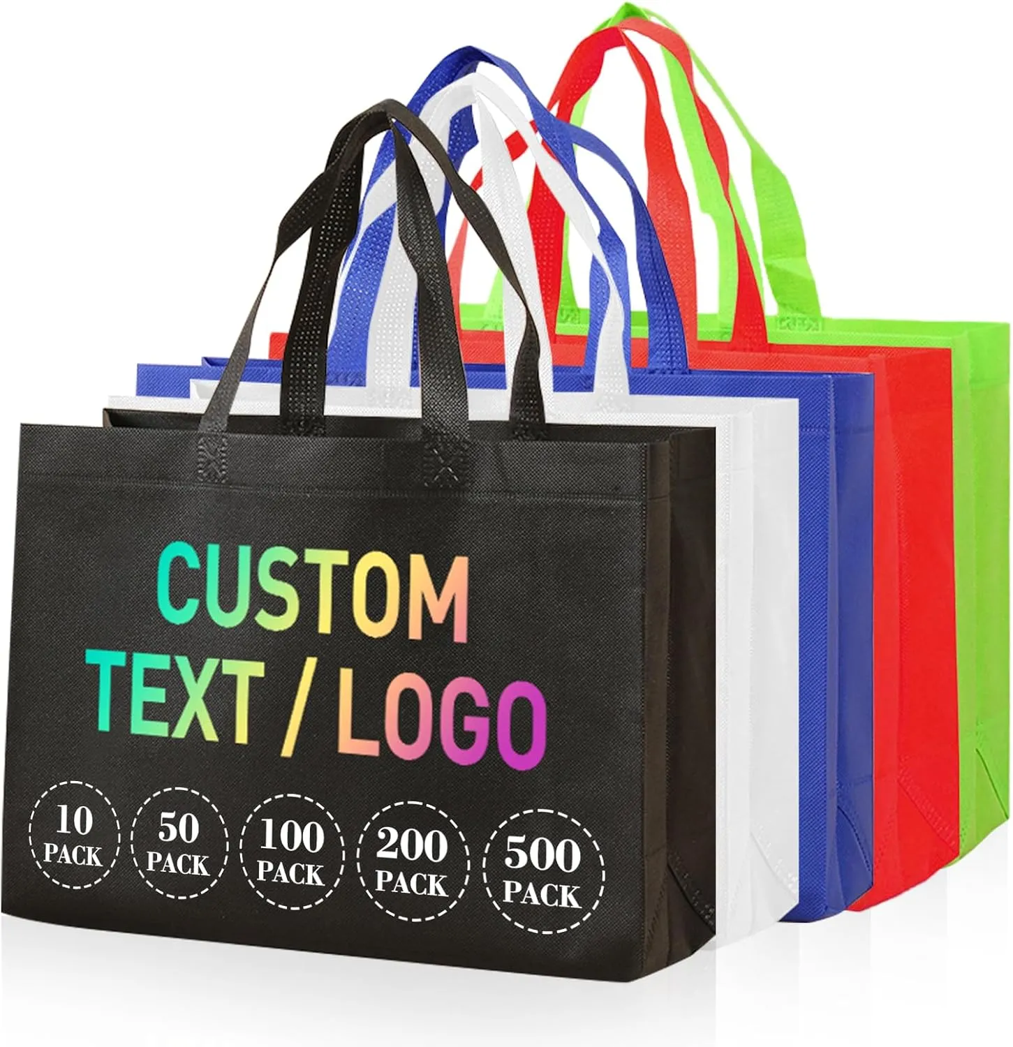 Custom Reusable Grocery Bags with Logo & Text Printing 10/50/100PACK- Eco-Friendly Promotional Tote Bags for Businesses, Bulk Orders, Events, Retail (Durable/Washable/Multi-Use)