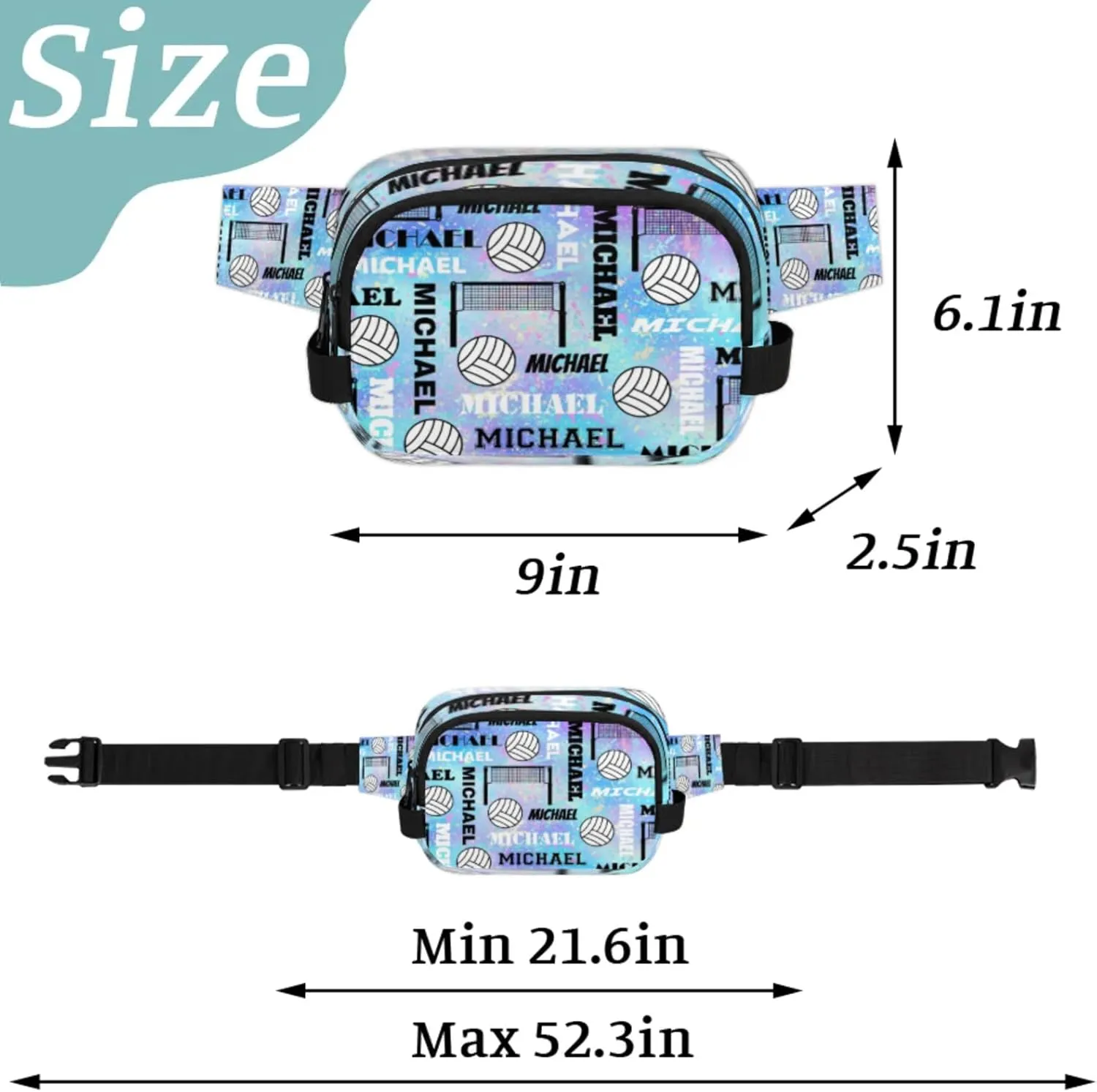 Custom Volleyball Waist Packs for Women Men, Personalized Name Belt Bag Crossbody Fanny Pack with Adjustable Strap for Sports Workout Traveling, Blue Purple