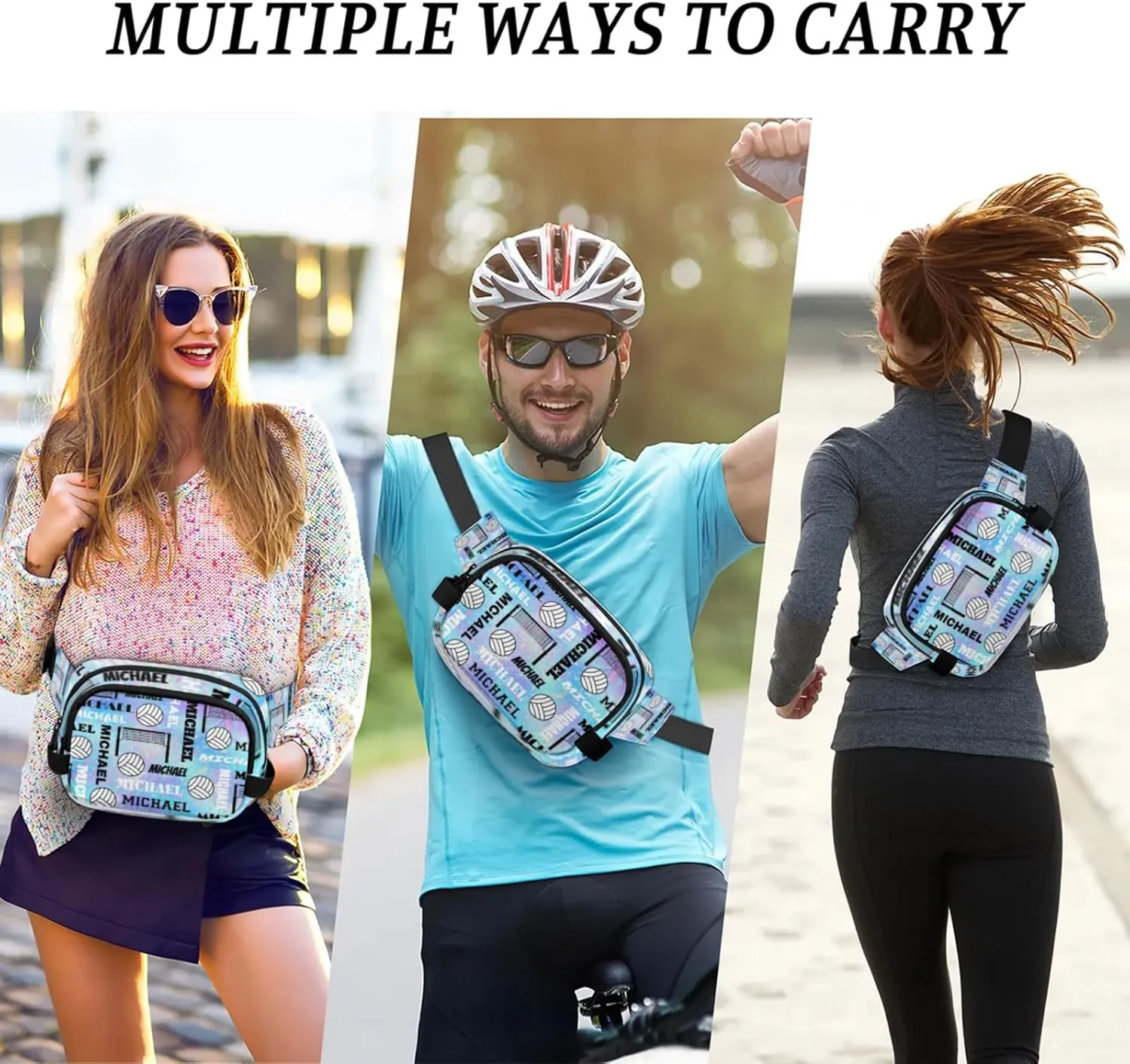 Custom Volleyball Waist Packs for Women Men, Personalized Name Belt Bag Crossbody Fanny Pack with Adjustable Strap for Sports Workout Traveling, Blue Purple