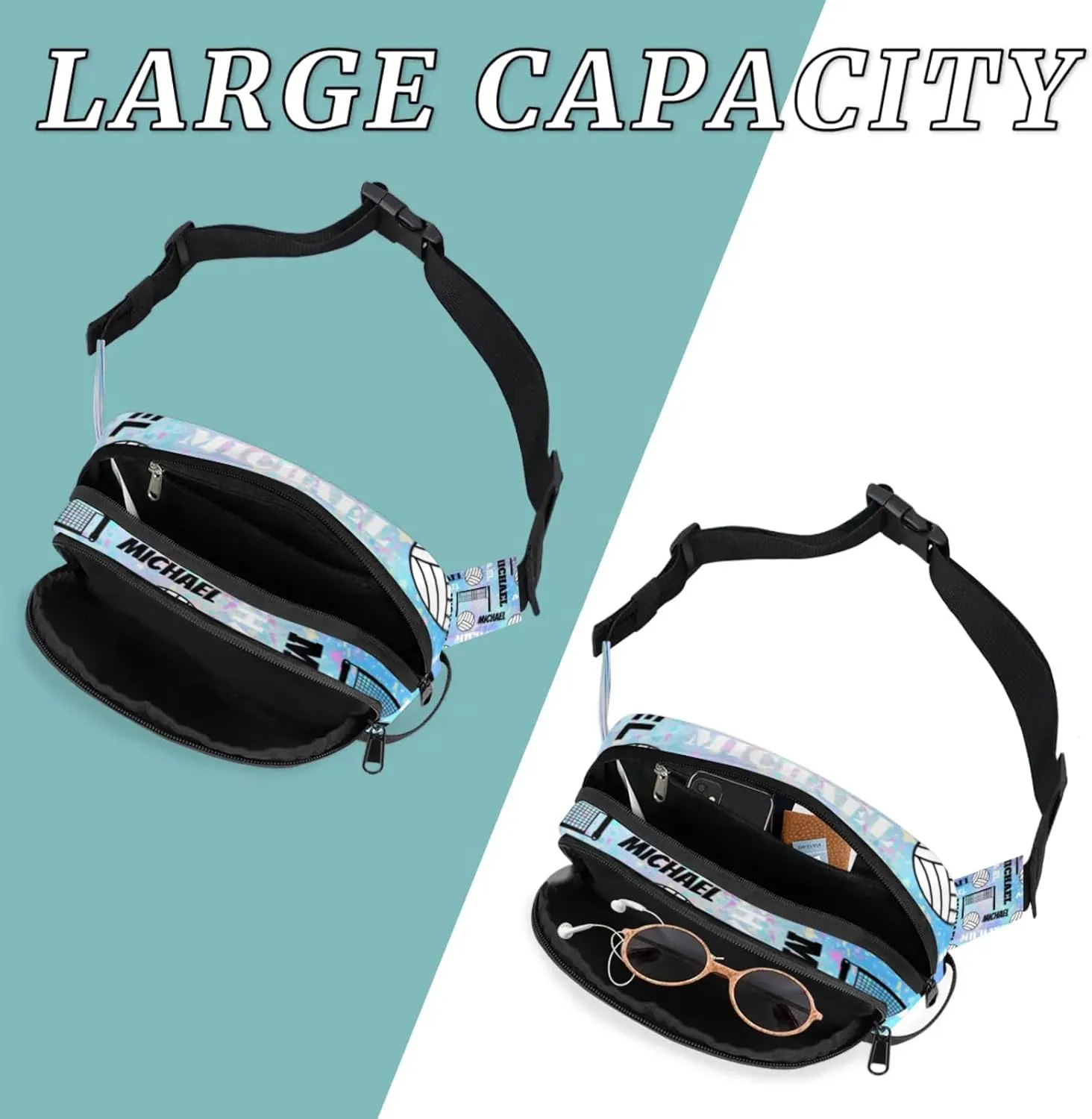 Custom Volleyball Waist Packs for Women Men, Personalized Name Belt Bag Crossbody Fanny Pack with Adjustable Strap for Sports Workout Traveling, Blue Purple