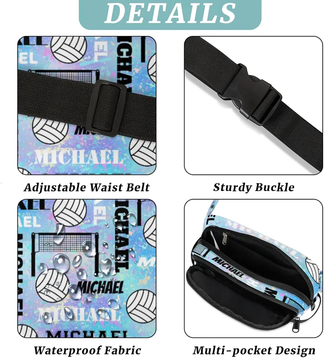Custom Volleyball Waist Packs for Women Men, Personalized Name Belt Bag Crossbody Fanny Pack with Adjustable Strap for Sports Workout Traveling, Blue Purple