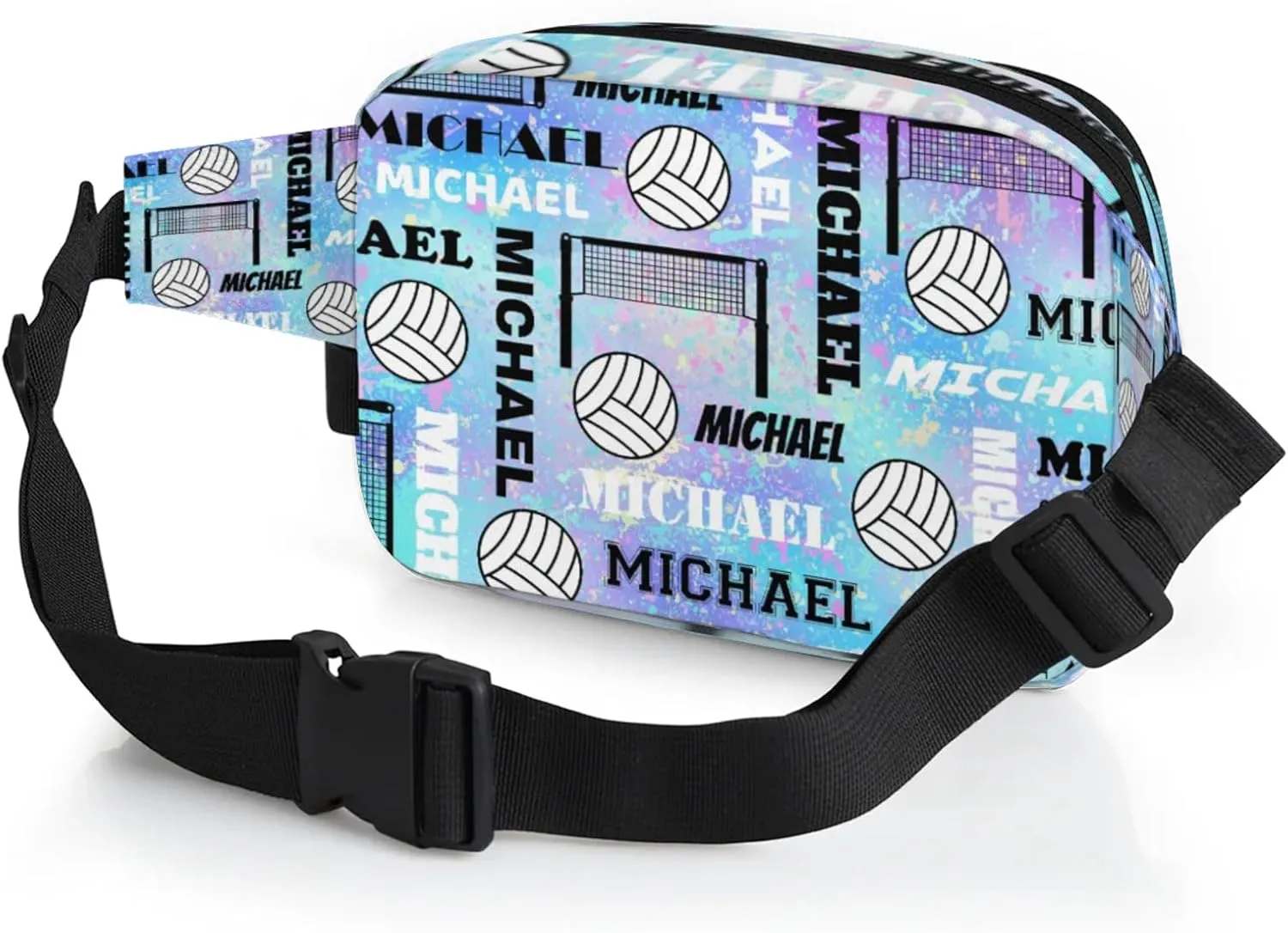 Custom Volleyball Waist Packs for Women Men, Personalized Name Belt Bag Crossbody Fanny Pack with Adjustable Strap for Sports Workout Traveling, Blue Purple
