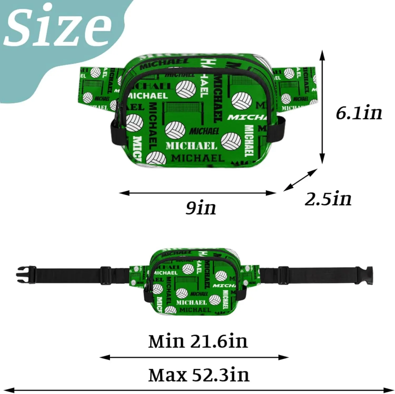 Custom Volleyball Waist Packs for Women Men, Personalized Name Belt Bag Crossbody Fanny Pack with Adjustable Strap for Sports Workout Traveling, Dark Green