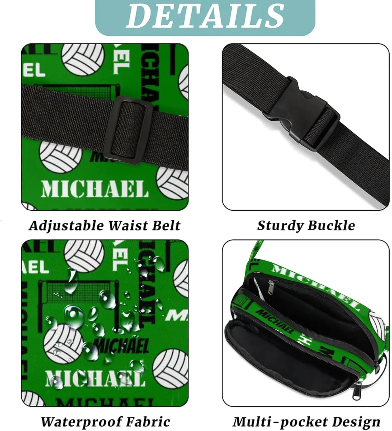 Custom Volleyball Waist Packs for Women Men, Personalized Name Belt Bag Crossbody Fanny Pack with Adjustable Strap for Sports Workout Traveling, Dark Green