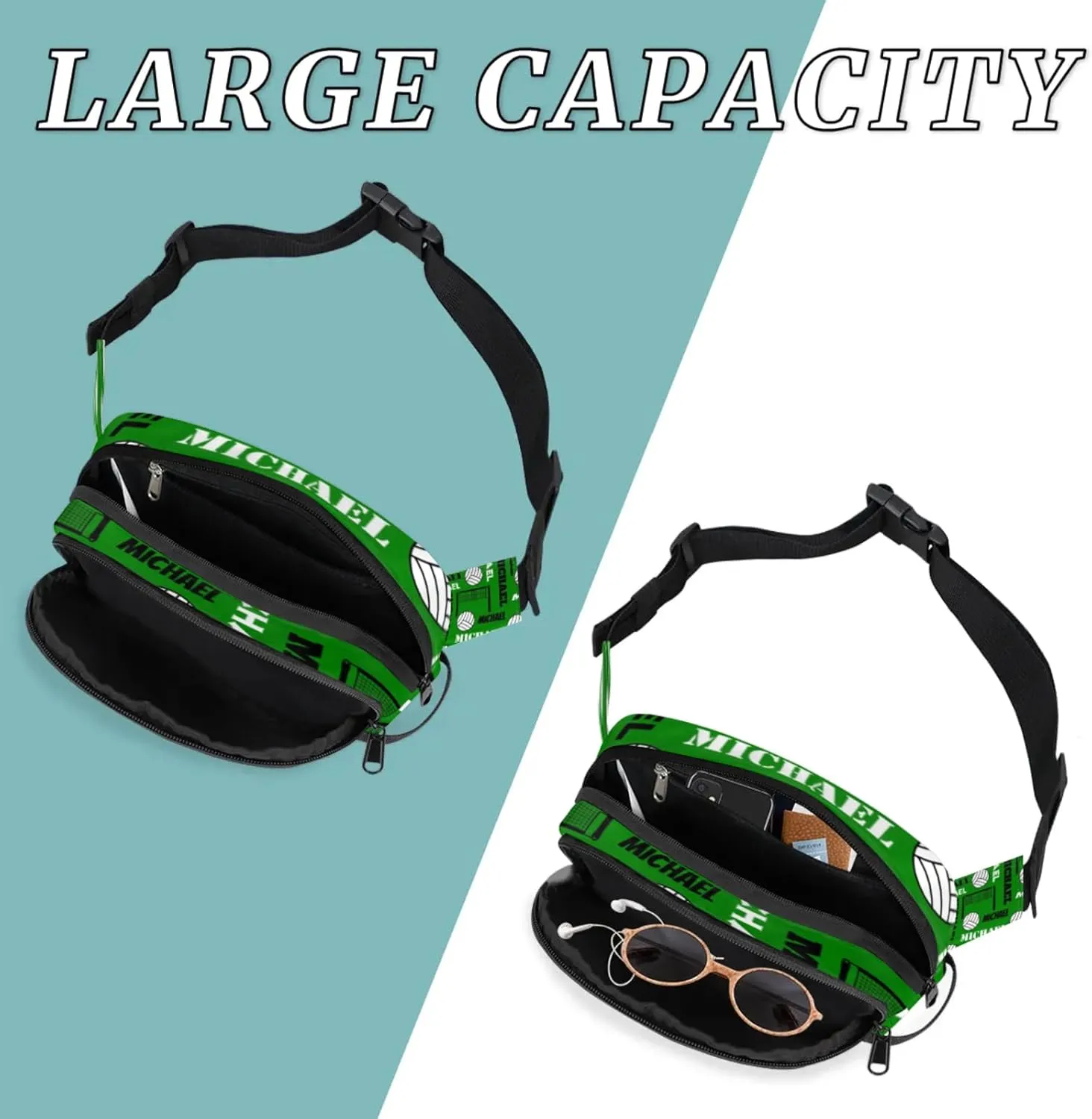 Custom Volleyball Waist Packs for Women Men, Personalized Name Belt Bag Crossbody Fanny Pack with Adjustable Strap for Sports Workout Traveling, Dark Green