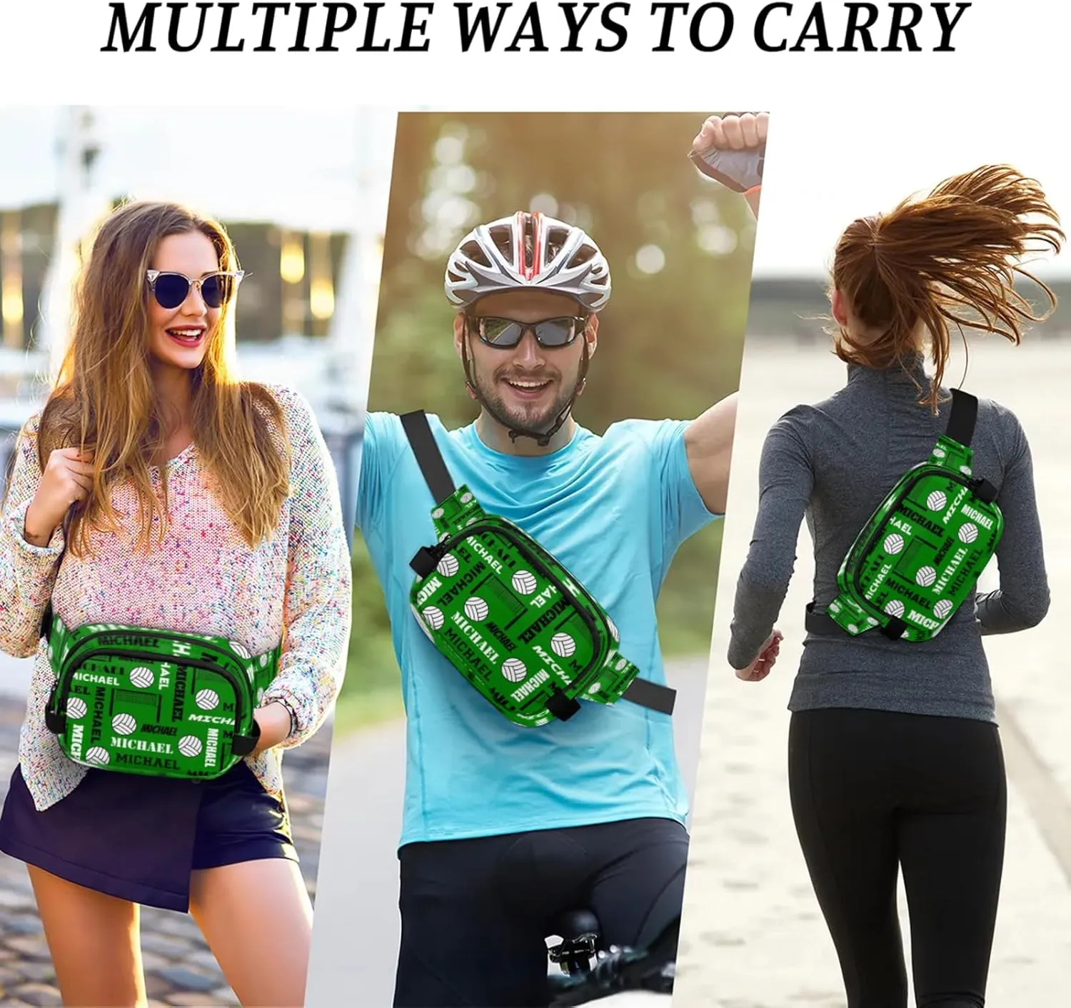 Custom Volleyball Waist Packs for Women Men, Personalized Name Belt Bag Crossbody Fanny Pack with Adjustable Strap for Sports Workout Traveling, Dark Green