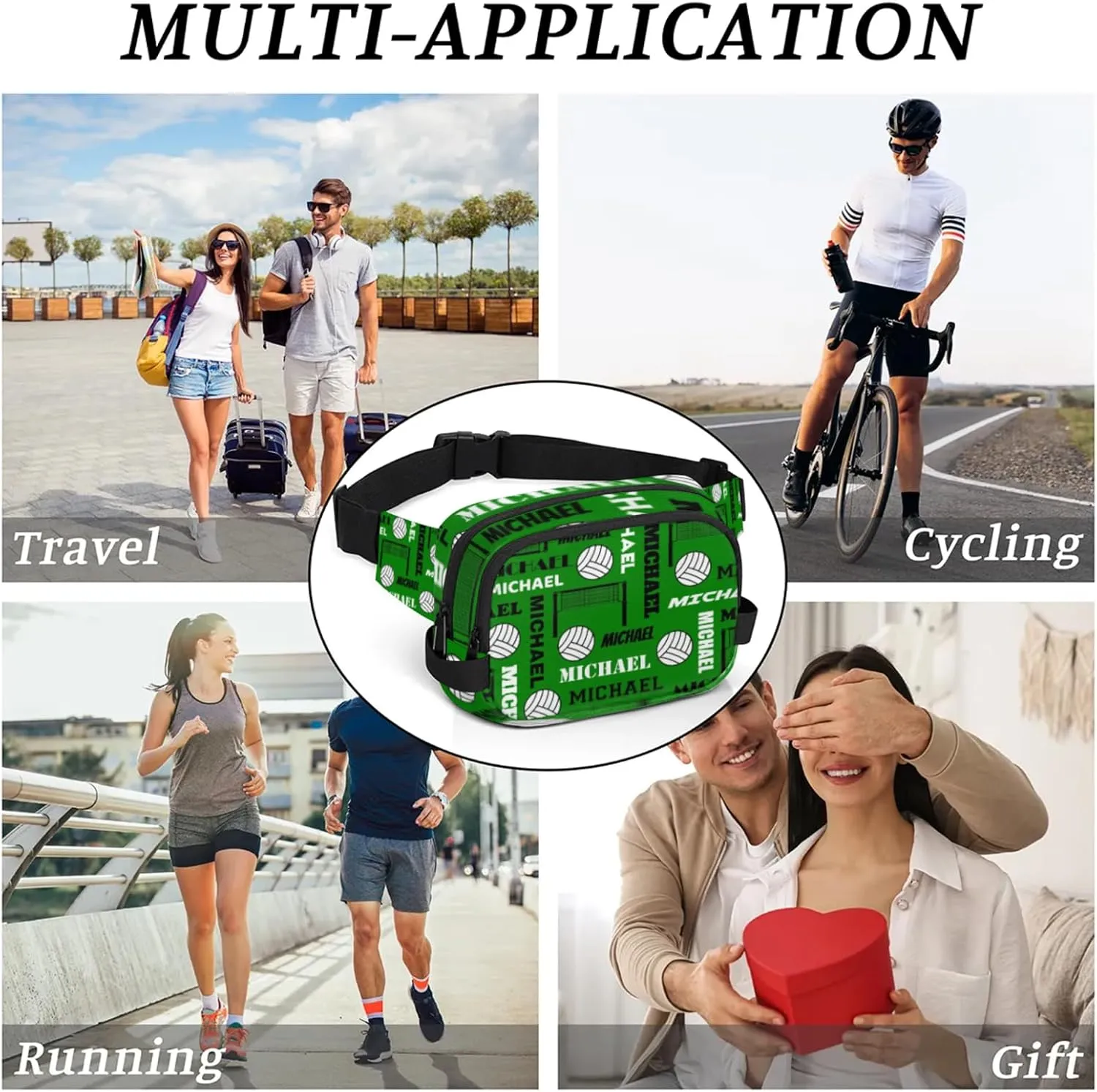 Custom Volleyball Waist Packs for Women Men, Personalized Name Belt Bag Crossbody Fanny Pack with Adjustable Strap for Sports Workout Traveling, Dark Green
