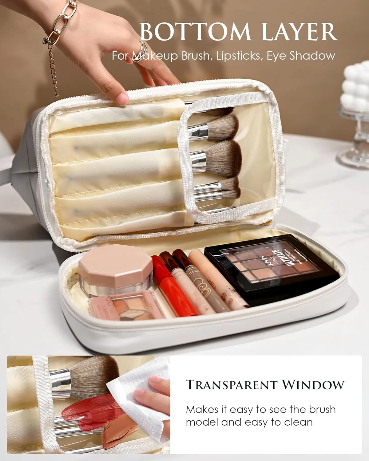 Customized Gifts for Women, Gifts for Mom, Makeup Bag, Personalized Double Layer Cosmetic Bag with Makeup Brush Organizer, Travel Toiletry Bag Bride Gifts, Bridal Party Gifts/Engagement Gift