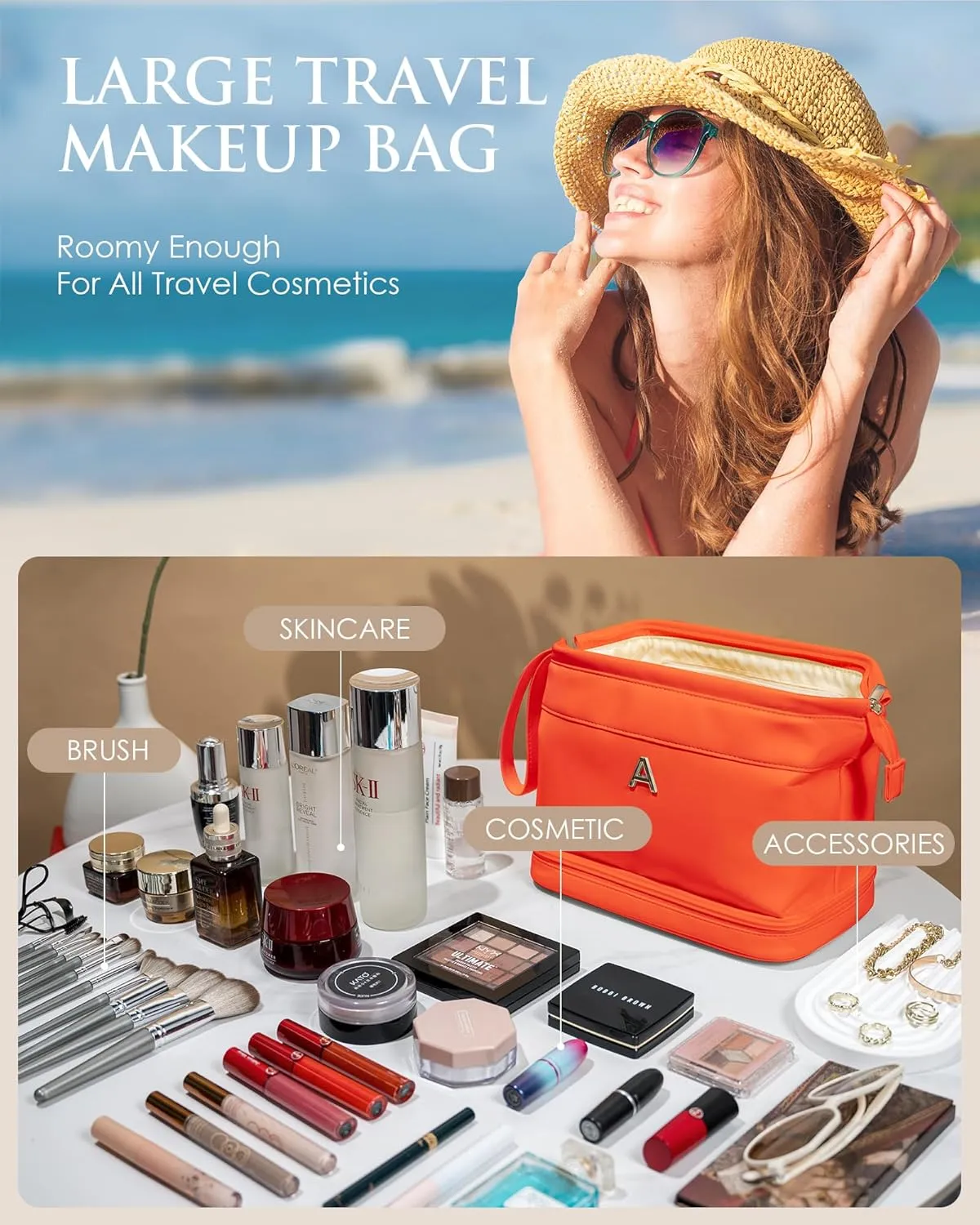 Customized Gifts for Women, Gifts for Mom, Makeup Bag, Personalized Double Layer Cosmetic Bag with Makeup Brush Organizer, Travel Toiletry Bag Bride Gifts, Bridal Party Gifts/Engagement Gift