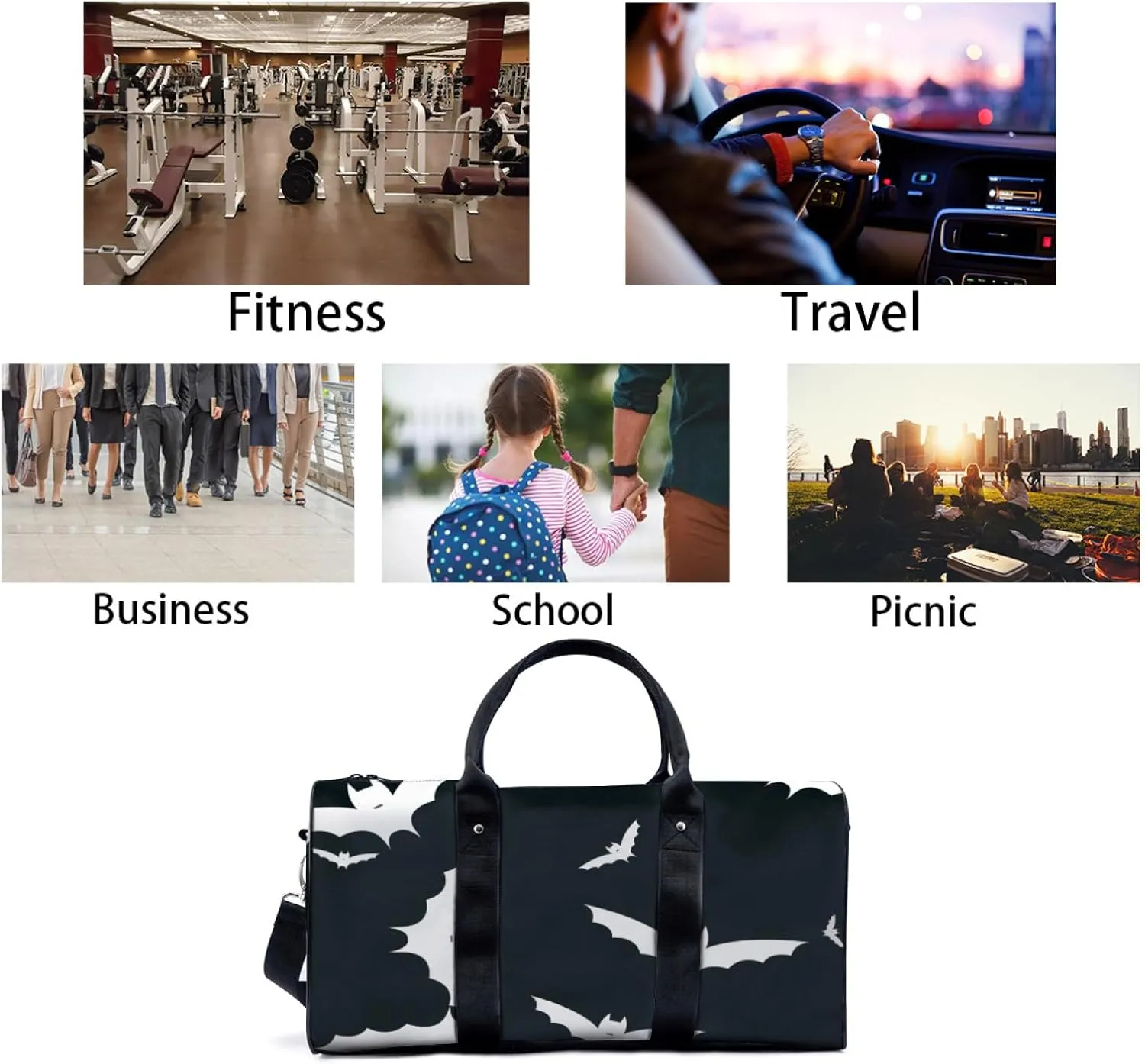 Cute Bat White Travel Duffel Bag for Woman Weekender Bag Man Tote Gym Bag Sport Gym Bag Hospital Bag for Labor and Delivery Overnight Bag Luggage Bag