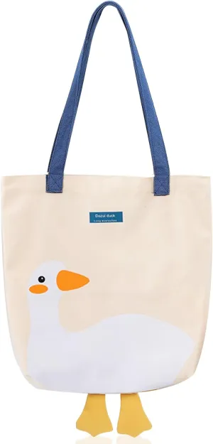 Cute Canvas Tote Bag for Women Reusable Cotton Cloth Bag for Lunch Grocery Shopping and Beach with 3D Duck Design