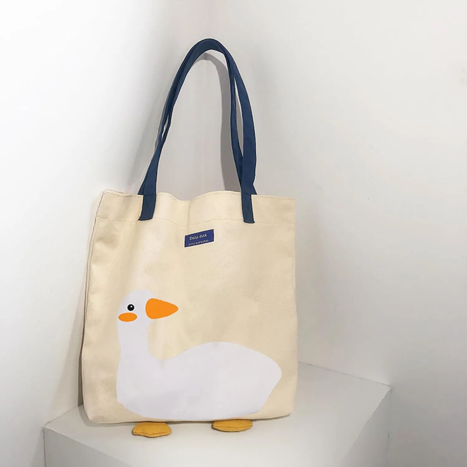 Cute Canvas Tote Bag for Women Reusable Cotton Cloth Bag for Lunch Grocery Shopping and Beach with 3D Duck Design