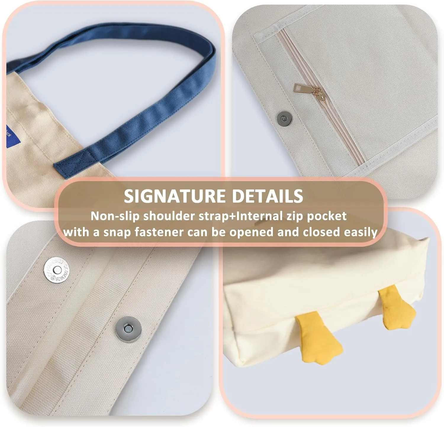 Cute Canvas Tote Bag for Women Reusable Cotton Cloth Bag for Lunch Grocery Shopping and Beach with 3D Duck Design